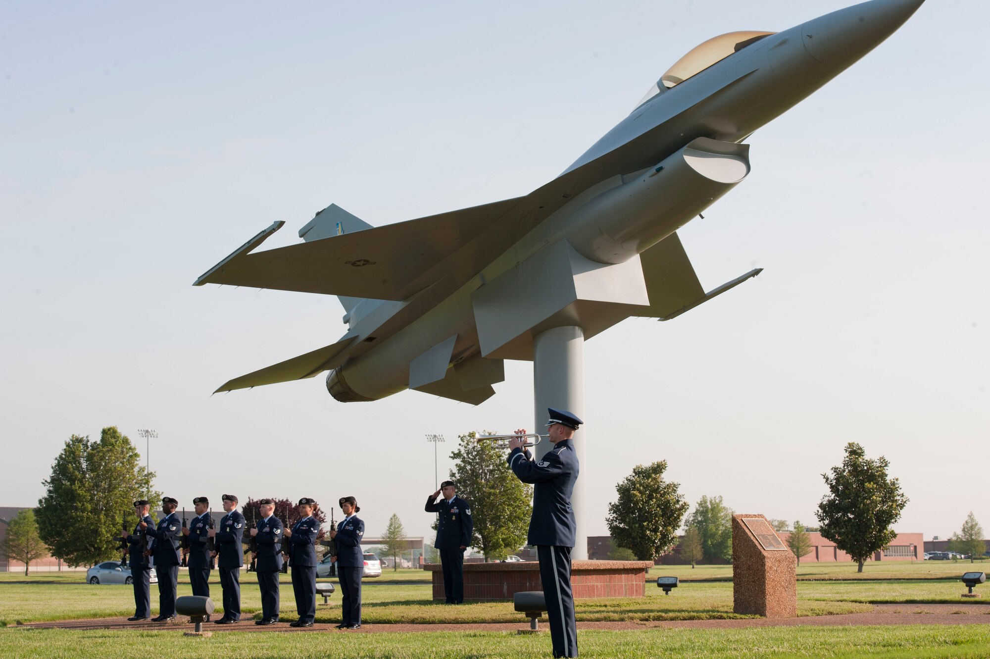 U.S. Air Force Airmen perform a 21-gun salute during the National Police Week opening ceremony at Langley Air Force Base, Va., May 12, 2014. The salute honored fallen law enforcement members from Joint Base Langley-Eustis and the Hampton Roads community. (U.S. Air Force photo by Staff Sgt. Stephanie R. Plichta/Released) 