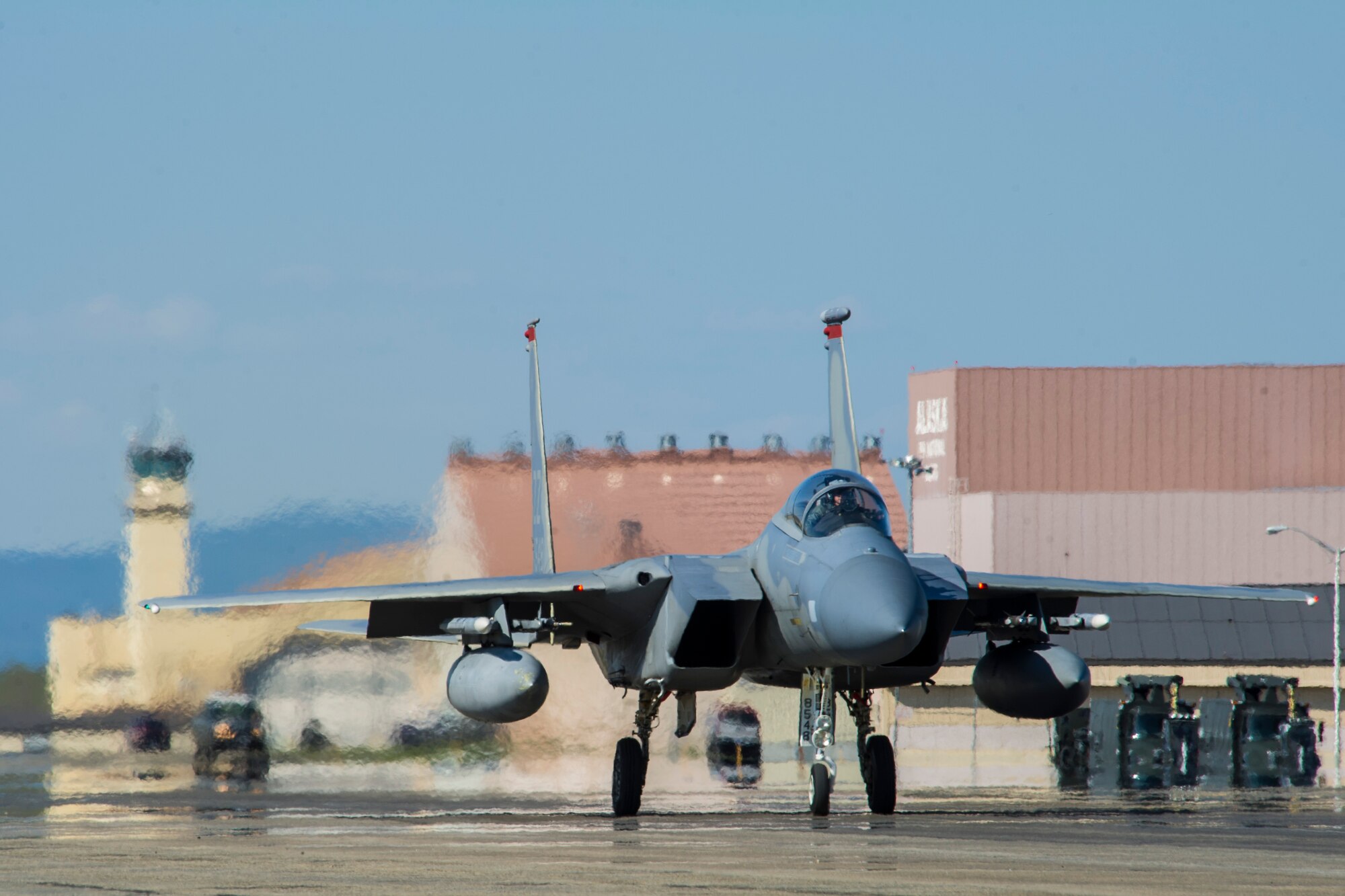 A U.S. Air Force F-15 Eagle assigned to the 67th Fighter Squadron, Kadena Air Force Base, Japan, taxis down the runway during RED FLAG-Alaska 14-1 May 12, 2014, Eielson Air Force Base, Alaska. RF-A is a realistic, 10-day air combat U. S. Air Force training exercise held annually at Eielson and Joint Base Elmendorf-Richardson Air Force Base, Alaska. (U.S. Air Force photo by Senior Airman Joshua Turner/Released)