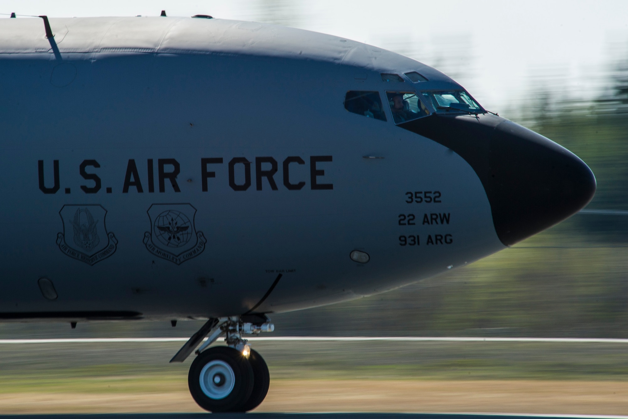 A U.S. Air Force KC-135 Stratotanker from the 22nd Air Refueling Wing, McConnell Air Force Base, Kan., takes off during RED FLAG-Alaska 14-1 May 12, 2014, Eielson Air Force Base, Alaska. (U.S. Air Force photo by Senior Airman Joshua Turner/Released)