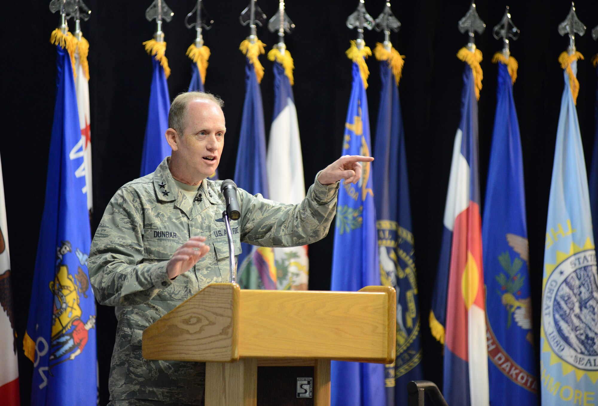 Maj. Gen. Donald P.  Dunbar, Wisconsin adjutant general, delivers his welcome remarks to senior leaders during the 2014 Executive Safety Summit at Volk Field Combat Readiness Training Center, Wis., May 13, 2014. This year’s conference theme: “Leaders: Don’t Let Your Guard Down,” covers a wide range of topics including safety, resilience, diversity and mishap prevention. (U.S. Air National Guard photo by Senior Airman John E. Hillier/Released)