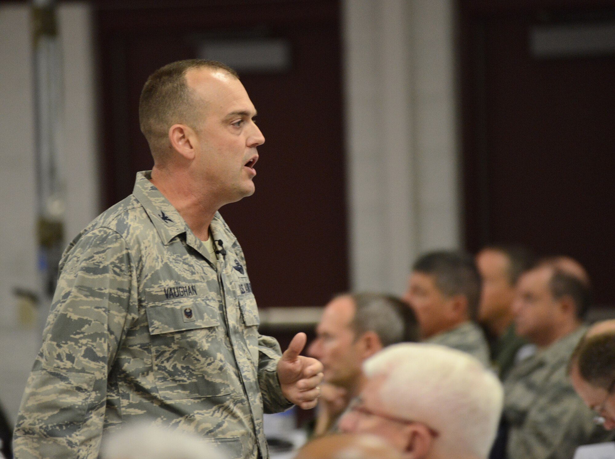 Col. Edward L. Vaughan, director of safety for the Air National Guard, delivers his overview address to senior leaders during the 2014 Executive Safety Summit at Volk Field Combat Readiness Training Center, Wis., May 13, 2014. This year’s conference theme: “Leaders: Don’t Let Your Guard Down,” covers a wide range of topics including safety, resilience, diversity and mishap prevention. (U.S. Air National Guard photo by Senior Airman John E. Hillier/Released)
