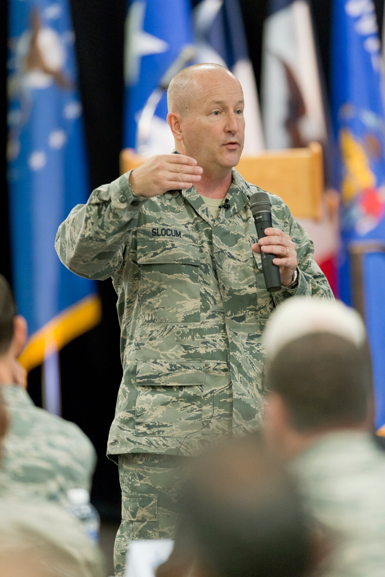 Col. Doug Slocum, Air National Guard inspector general, delivers his overview address to the senior leaders during the 2014 Executive Safety Summit at Volk Field Combat Readiness Training Center, Wis., May 13, 2014. This year’s conference theme: “Leaders: Don’t Let Your Guard Down”, covers a wide range of topics including safety, resilience, diversity and mishap prevention. (U.S. Air National Guard Photo by Master Sgt. Marvin Preston/ Released)