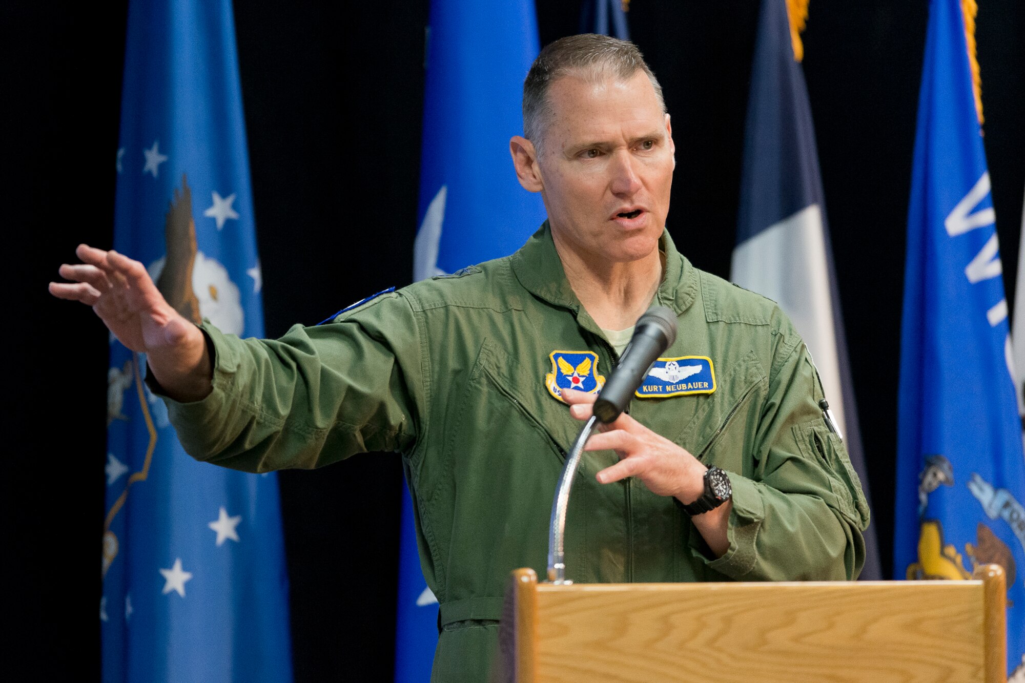 Maj. Gen. Kurt F. Neubauer, Air Force chief of safety and commander of AF Safety Center, Kirtland AFB, NM., addresses attendees during the 2014 Executive Safety Summit at Volk Field Combat Readiness Training Center, Wis., May 13, 2014. This year’s conference theme: “Leaders: Don’t Let Your Guard Down”, covers a wide range of topics including safety, resilience, diversity and mishap prevention. (U.S. Air National Guard Photo by Master Sgt. Marvin Preston/ Released)