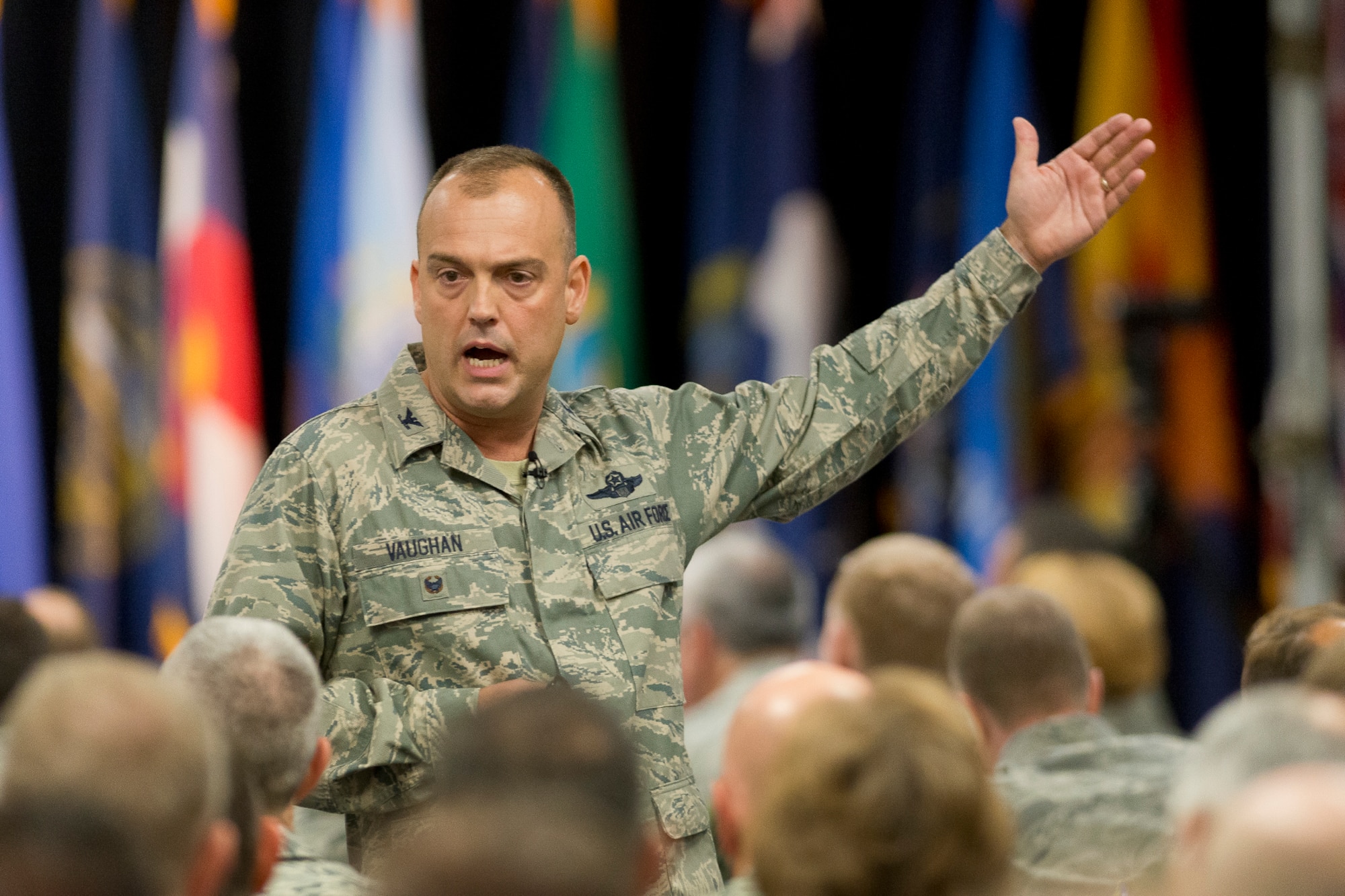 Col. Edward L. Vaughan, director of safety for the Air National Guard, delivers his overview address to the senior leaders during the 2014 Executive Safety Summit at Volk Field Combat Readiness Training Center, Wis., May 13, 2014. This year’s conference theme: “Leaders: Don’t Let Your Guard Down”, covers a wide range of topics including safety, resilience, diversity and mishap prevention. (U.S. Air National Guard Photo by Master Sgt. Marvin Preston/ Released)