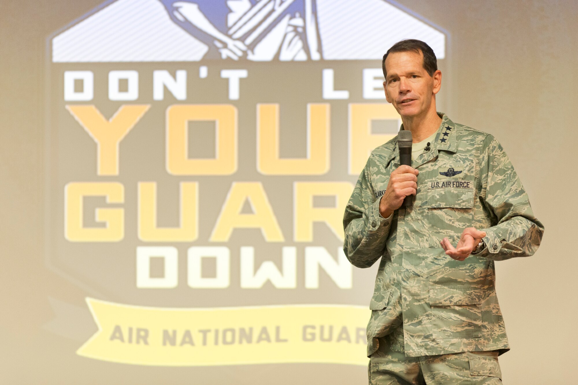 Lt. Gen. Stanley E. Clarke III, the director of the Air National Guard delivers his welcome remarks to senior leaders during the 2014 Executive Safety Summit at Volk Field Combat Readiness Training Center, Wis., May 13, 2014. This year’s conference theme: “Leaders: Don’t Let Your Guard Down” covers a wide range of topics including safety, resilience, diversity and mishap prevention. (U.S. Air National Guard Photo by Master Sgt. Marvin Preston/ Released)