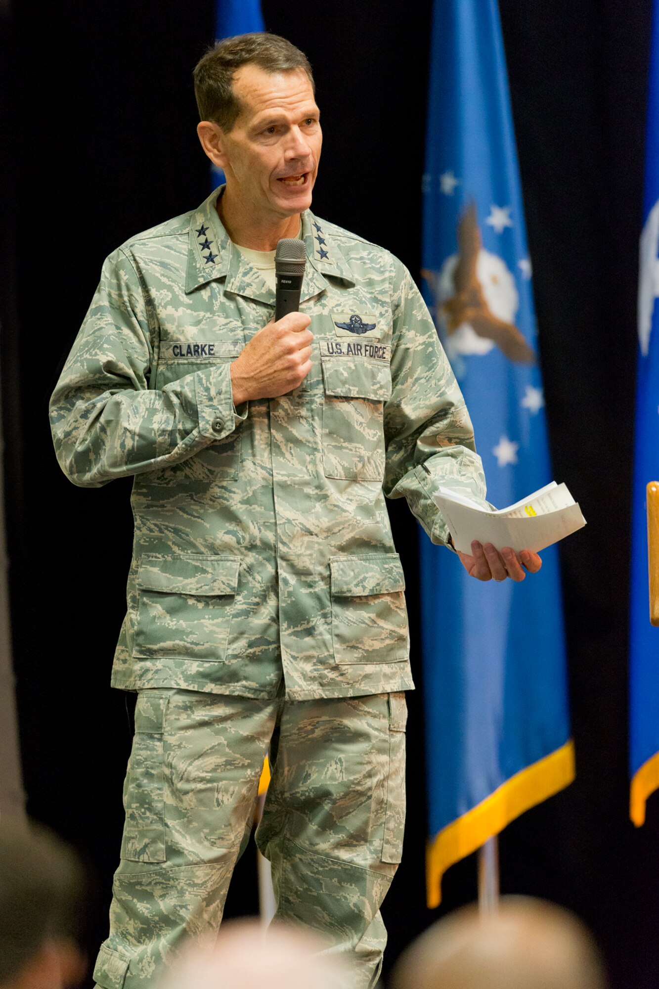 Lt. Gen. Stanley E. Clarke III, the director of the Air National Guard delivers his welcome remarks to senior leaders during the 2014 Executive Safety Summit at Volk Field Combat Readiness Training Center, Wis., May 13, 2014. This year’s conference theme: “Leaders: Don’t Let Your Guard Down” covers a wide range of topics including safety, resilience, diversity and mishap prevention. (U.S. Air National Guard Photo by Master Sgt. Marvin Preston/ Released)