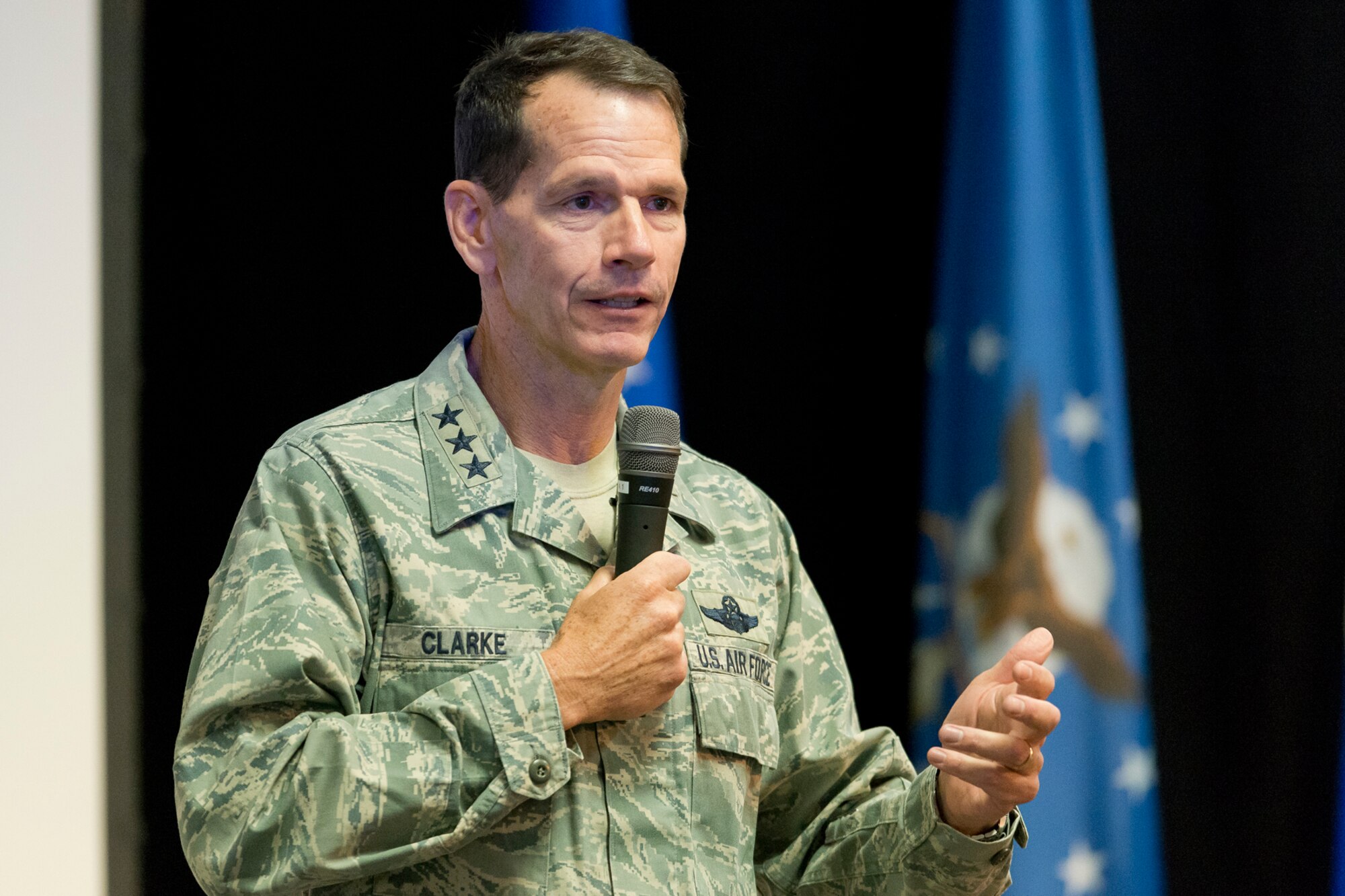 Lt. Gen. Stanley E. Clarke III, the director of the Air National Guard delivers his welcome remarks to senior leaders during the 2014 Executive Safety Summit at Volk Field Combat Readiness Training Center, Wis., May 13, 2014. This year’s conference theme: “Leaders: Don’t Let Your Guard Down”, covers a wide range of topics including safety, resilience, diversity and mishap prevention. (U.S. Air National Guard Photo by Master Sgt. Marvin Preston/ Released)