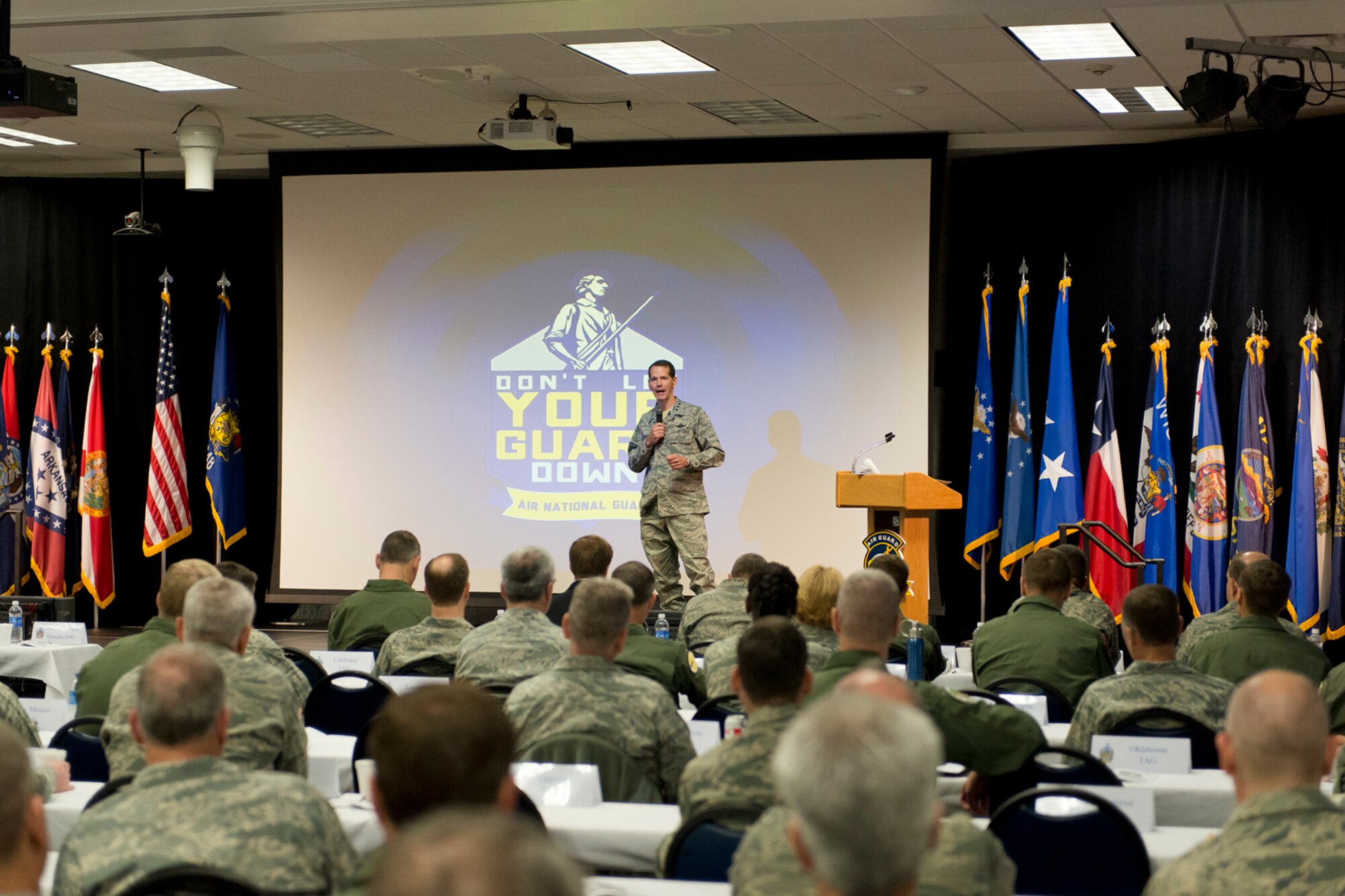 Lt. Gen. Stanley E. Clarke III, the director of the Air National Guard delivers his welcome remarks to senior leaders during the 2014 Executive Safety Summit at Volk Field Combat Readiness Training Center, Wis., May 13, 2014. This year’s conference theme: “Leaders: Don’t Let Your Guard Down”, covers a wide range of topics including safety, resilience, diversity and mishap prevention. (U.S. Air National Guard Photo by Master Sgt. Marvin Preston/ Released)