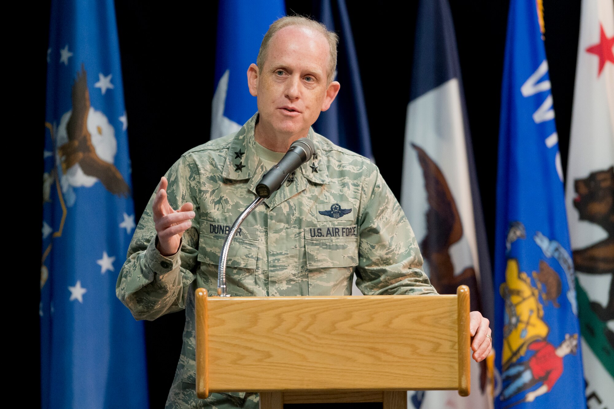 Maj. Gen. Donald P. Dunbar, Wisconsin adjutant general delivers host remarks at the start o the 2014 Executive Safety Summit at Volk Field Combat Readiness Training Center, Wis., May 13, 2014. This year’s conference theme: “Leaders: Don’t Let Your Guard Down”, covers a wide range of topics including safety, resilience, diversity and mishap prevention. (U.S. Air National Guard Photo by Master Sgt. Marvin Preston/ Released)