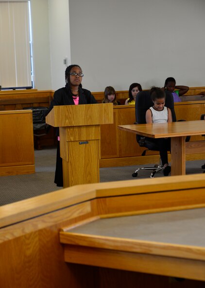 A view from the witness stand shows Faith King, who portrayed a defense attorney, during a mock trial of Goldilocks and the Three Bears May 2, 2014, at Dover Air Force Base, Del. King was one of two defense attorneys for Goldilocks as she was put on trial for stealing the bears’ porridge. (U.S. Air Force photo/Airman 1st Class William Johnson)