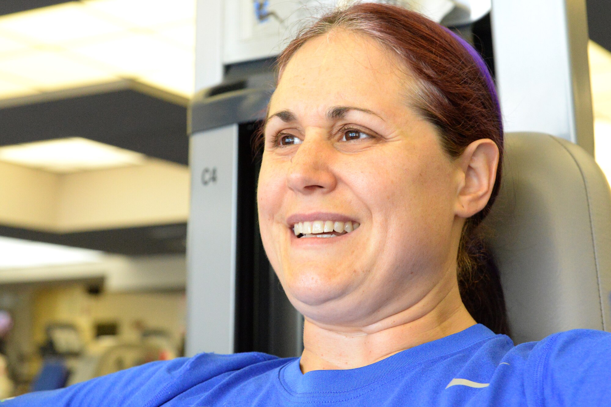 U.S. Air Force retired Maj. Jen Kyseth takes a rest while resistance training at the Young Men’s Christian Association to prepare for the Warrior Games, Sumter, S.C., May 8, 2014. This is Kyseth’s second year participating in the Games and was chosen out of 126 athletes to compete on the Air Force team consisting of 50 athletes. (U.S. Air Force photo by Airman 1st Class Diana M. Cossaboom/Released)