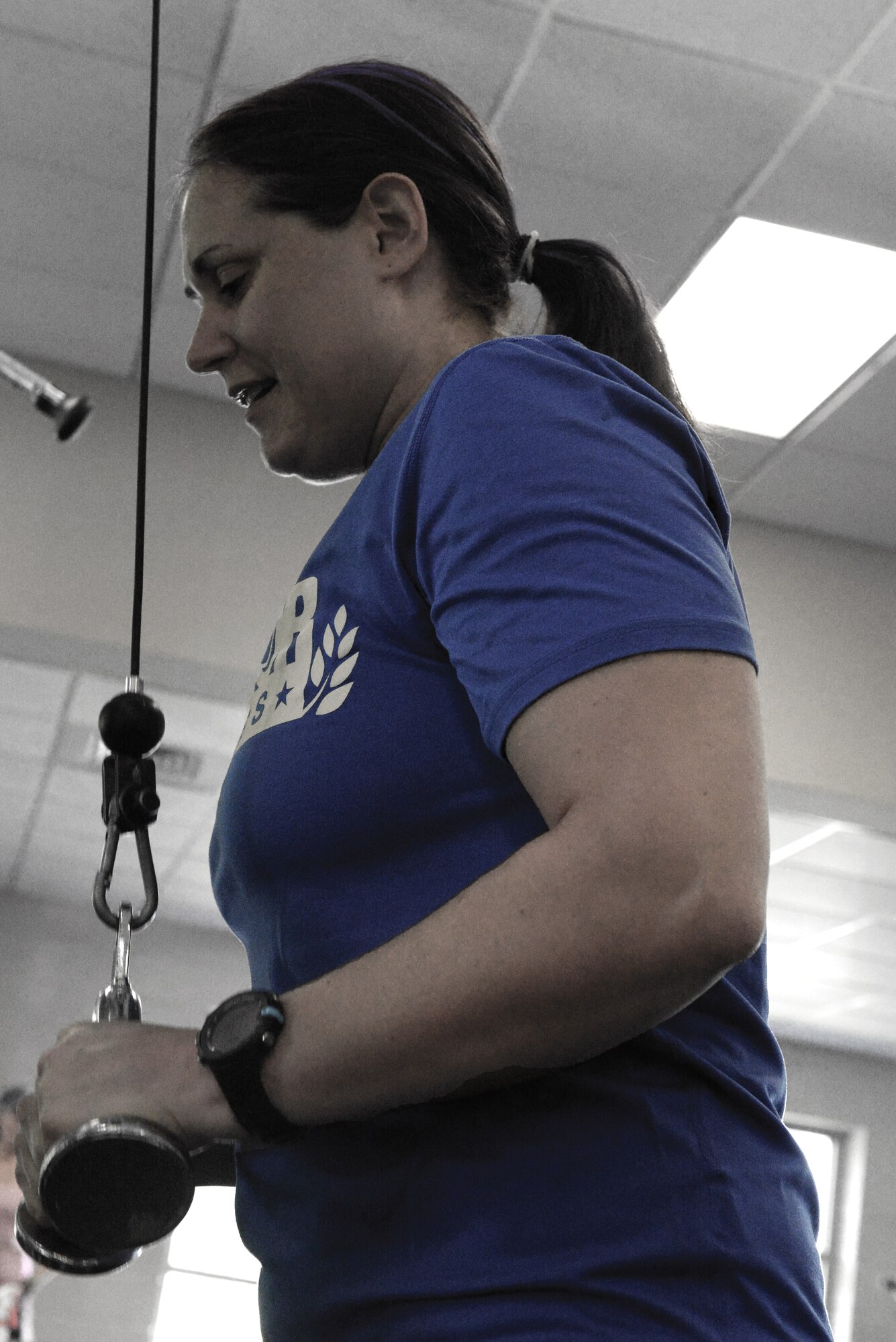 U.S. Air Force retired Maj. Jen Kyseth strengthens her triceps using weights at the Young Men’s Christian Association to prepare for the Warrior Games, Sumter, S.C., May 8, 2014. Kyseth works out five days a week alternating swimming and resistance training for the cycling, swimming, and shooting events in the Games. (U.S. Air Force photo by Airman 1st Class Diana M. Cossaboom/Released)

