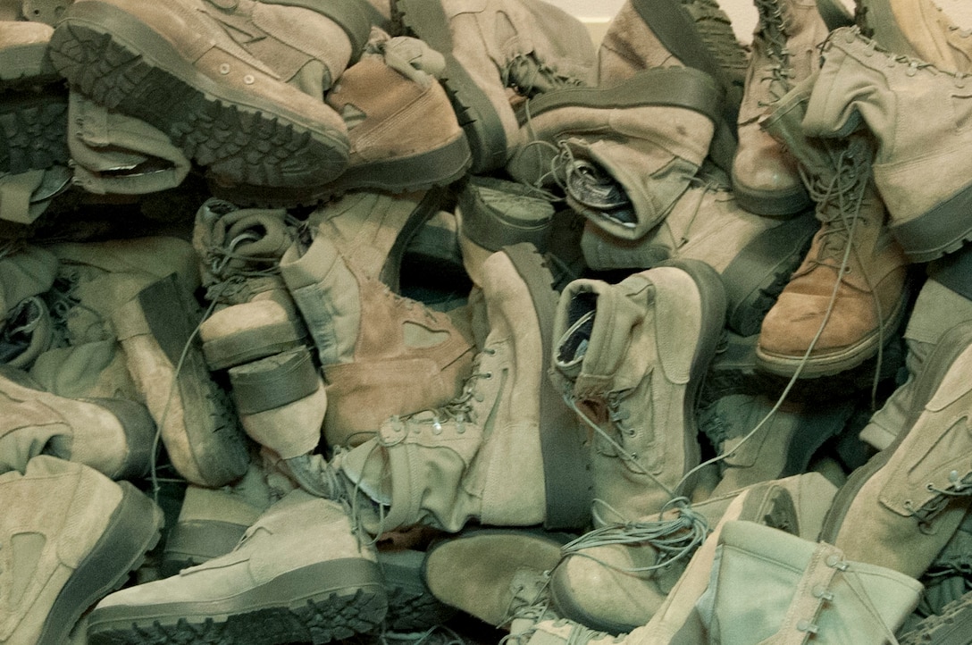 Boots donated by Airmen from Sheppard Air Force base, Texas, through the boots program are scheduled to be given to homeless veterans in the local area May 5, 2014. The drive “Boots from Troops” was started by an Airmen Leadership class in December 2013. The donations go to homeless veterans and others who are in need. (U.S. Air Force photo/Airman 1st Class Robert L. McIlrath)