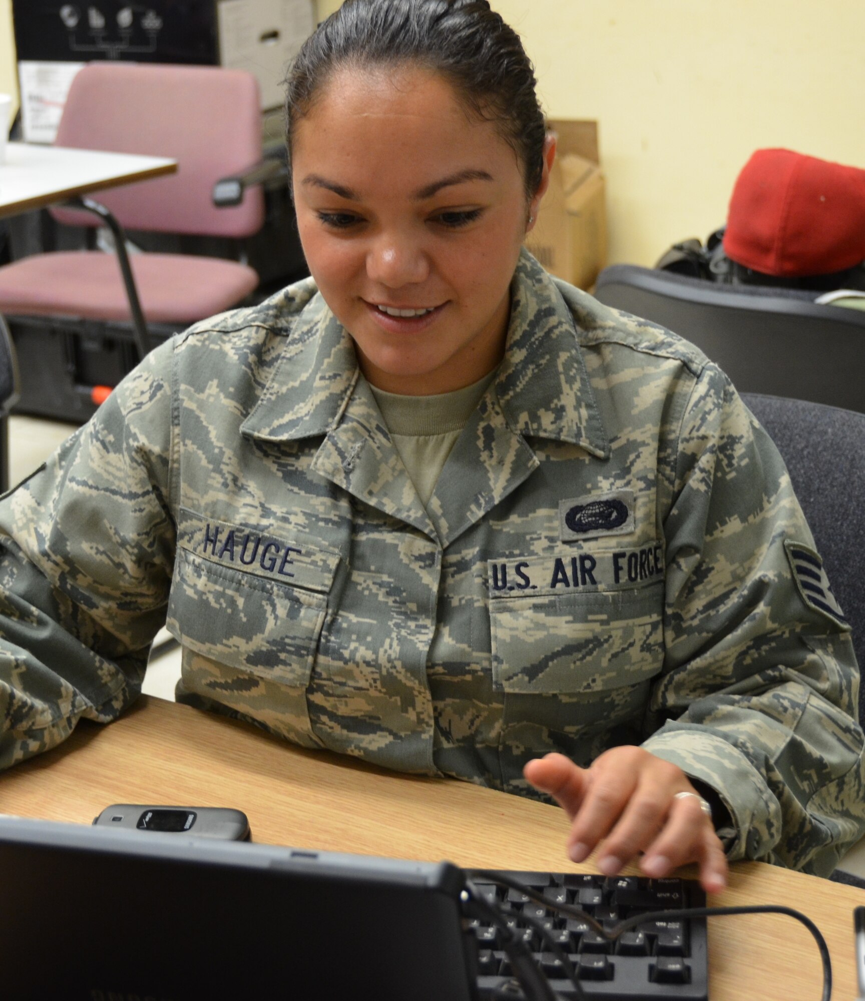 Staff Sgt. Arcelia Hauge, an eight year personnelist deployed from 12th Air Force (Air Forces Southern), Davis-Monthan AFB, Ariz., is currently deployed to Belize, serving on her very first deployment as part of the personnel support for contingency operations (PERSCO) team supporting New Horizons Belize, an annual U.S. Southern Command-sponsored exercise focused on training military civil engineers and medical professionals to deploy and conduct joint operations. (U.S. Air Force photo by Master Sgt. Kelly Ogden/Released)