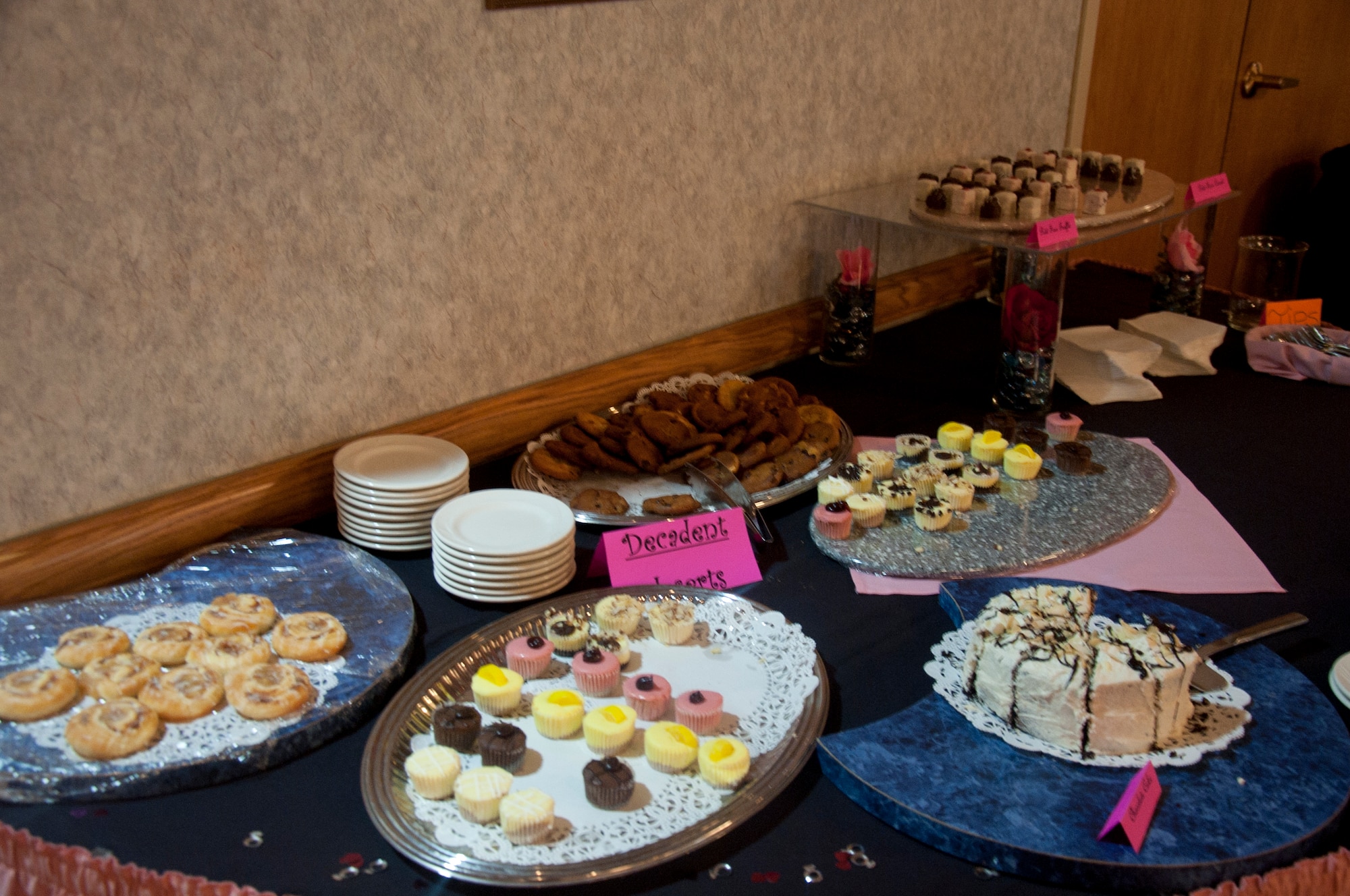 140510-F-GZ967-017 A table of “decadent” desserts sits waiting to be eaten May 10 during the Mother’s Day Brunch in the Trail’s End Club. After eating the main course, participants were treated to the selection of desserts. (U.S. Air Force photo by Airman 1st Class Brandon Valle))