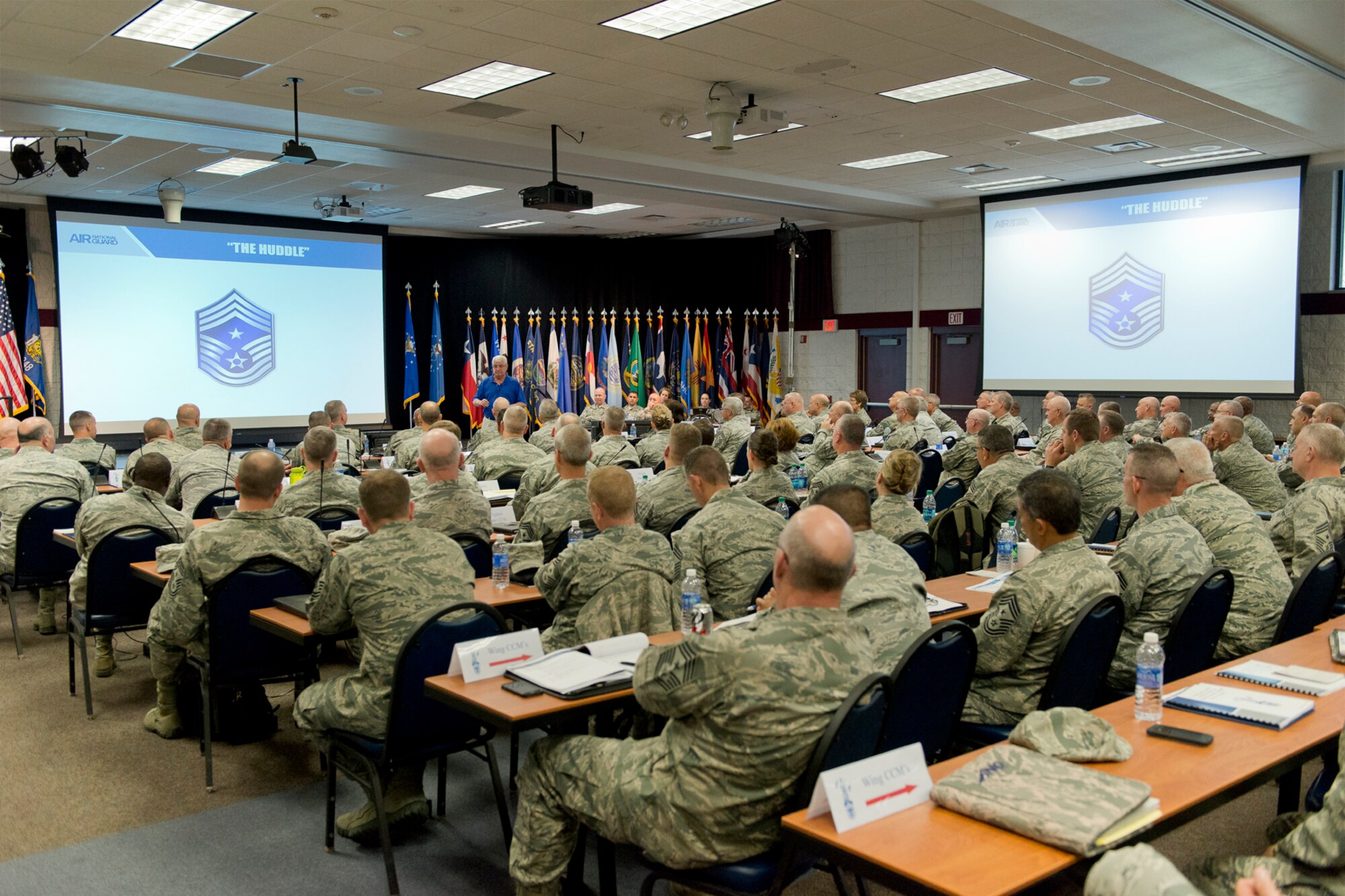 Chief Master Sgt. Ed Brown (ret), the 6th command chief of the Air National Guard, addresses senior enlisted leaders during the annual Command Chief’s Huddle at Volk Field Combat Readiness Training Center, Wis., May 11, 2014. The Command Chief’s Huddle brings together more than 150 Command Chief Master Sergeants and other senior enlisted leaders from 89 Air National Guard wings and units, representing 54 states, territories and the District of Columbia to openly discuss a wide range of issues and challenges facing the ANG. Attendees will also gain a better understanding of national issues relating to the ANG mission and share that knowledge with the 91,000 enlisted Air Guardsmen they represent. (U.S. Air National Guard photo by Master Sgt. Marvin R. Preston/Released)
