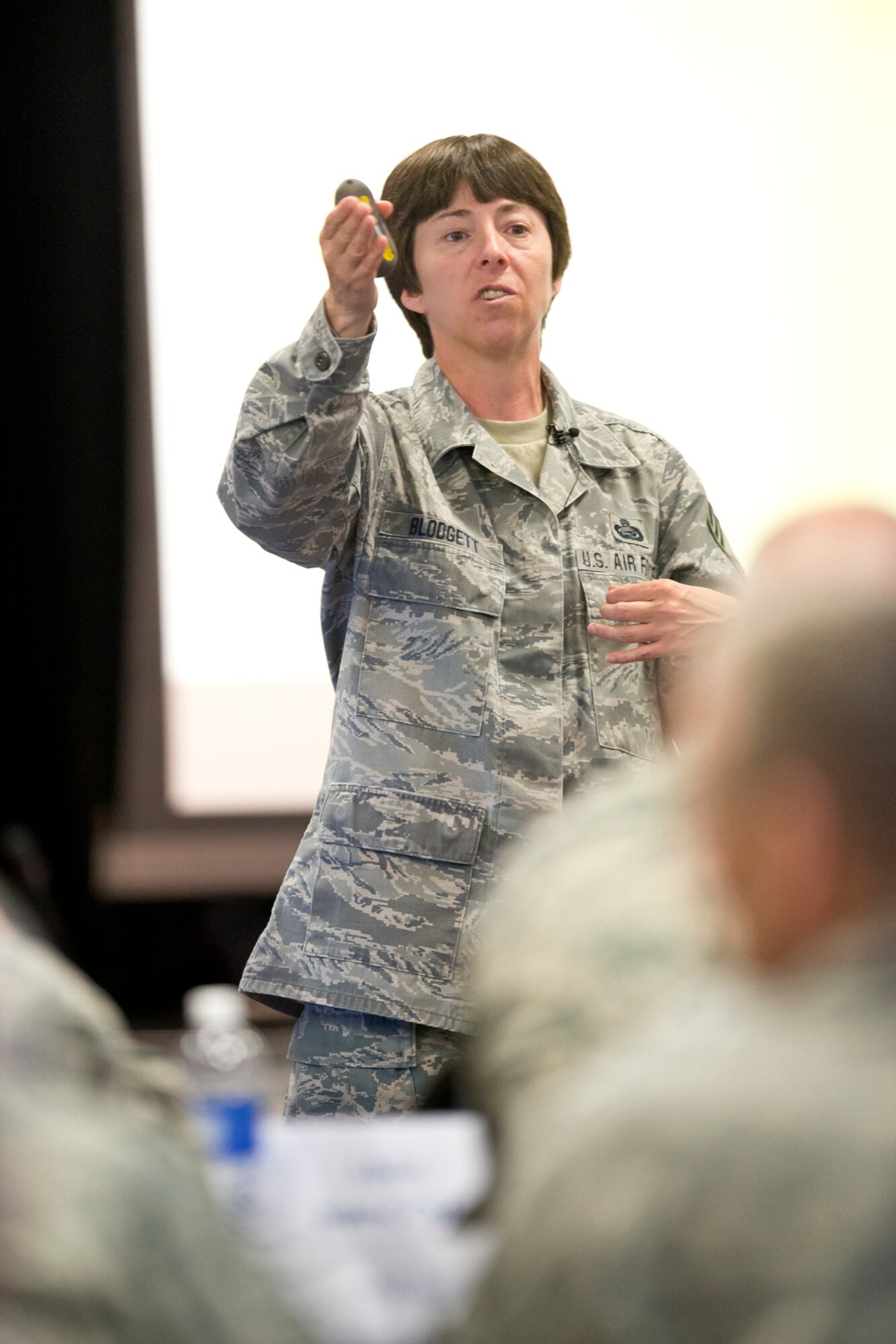 Chief Master Sgt. Catherine Blodgett, chief of Education and Training, Airmen Competency Division at the National Guard Bureau, addresses senior enlisted leaders during the annual Command Chief’s Huddle at Volk Field Combat Readiness Training Center, Wis., May 11, 2014. The Command Chief’s Huddle brings together more than 150 Command Chief Master Sergeants and other senior enlisted leaders from 89 Air National Guard wings and units, representing 54 states, territories and the District of Columbia to openly discuss a wide range of issues and challenges facing the ANG. Attendees will also gain a better understanding of national issues relating to the ANG mission and share that knowledge with the 91,000 enlisted Air Guardsmen they represent. (U.S. Air National Guard photo by Master Sgt. Marvin R. Preston/Released)