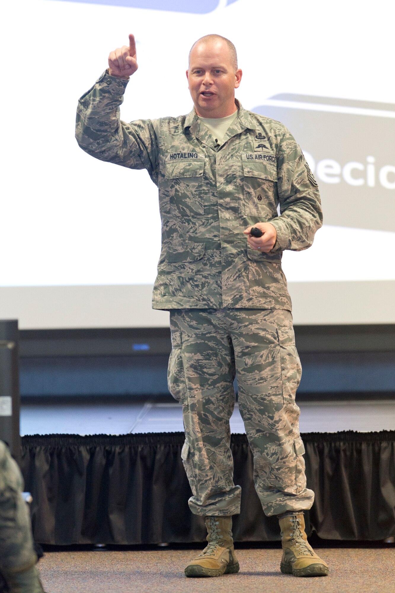 Chief Master Sgt. James B. Hotaling, the command chief of the Air National Guard, addresses senior enlisted leaders during the annual Command Chief’s Huddle at Volk Field Combat Readiness Training Center, Wis., May 11, 2014. The Command Chief’s Huddle brings together more than 150 Command Chief Master Sergeants and other senior enlisted leaders from 89 Air National Guard wings and units, representing 54 states, territories and the District of Columbia to openly discuss a wide range of issues and challenges facing the ANG. Attendees will also gain a better understanding of national issues relating to the ANG mission and share that knowledge with the 91,000 enlisted Air Guardsmen they represent. (U.S. Air National Guard photo by Master Sgt. Marvin R. Preston/Released)