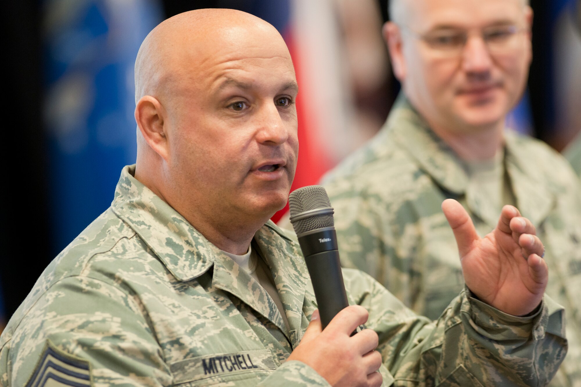 Chief Master Sgt. Daniel T. Mitchell Jr., superintendent of the Office of the Command Chief Master Sgt of the Air National Guard, addresses senior enlisted leaders during the annual Command Chief’s Huddle at Volk Field Combat Readiness Training Center, Wis., May 11, 2014. The Command Chief’s Huddle brings together more than 150 Command Chief Master Sergeants and other senior enlisted leaders from 89 ANG wings and units, representing 54 states, territories and the District of Columbia to openly discuss a wide range of issues and challenges facing the ANG. Attendees will also gain a better understanding of national issues relating to the ANG mission and share that knowledge with the 91,000 enlisted Air Guardsmen they represent. (U.S. Air National Guard photo by Master Sgt. Marvin R. Preston/Released)