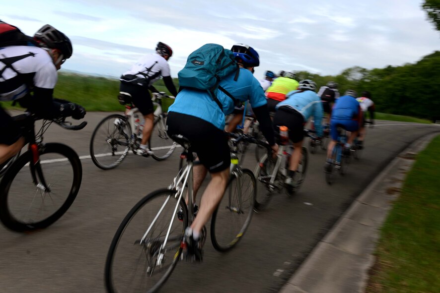 Riders from Spangdahlem Air Base and Geilenkirchen, Germany, cycle through France on their way to the Eiffel Tower, May 9, 2014. The bicycle ride included checkpoints for food, first aid, bicycle repair and transportation back to Germany. (U.S. Air Force photo by Airman 1st Class Kyle Gese/Released)