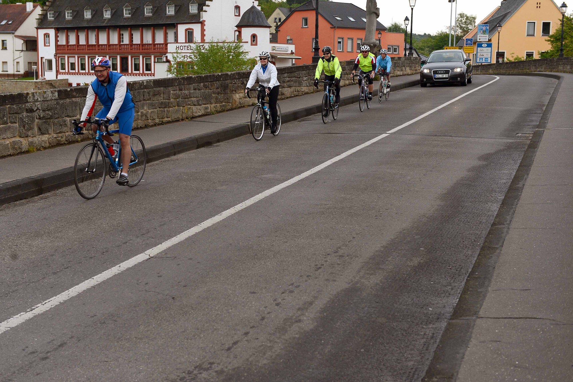 Riders cross a bridge on the way to Paris during the Eifel-to-Eiffel bicycle ride in Echternacherbrück, Germany, May 8, 2014. The participants began riding at 7:30 a.m. and biked approximately 120 miles the first day of the three-day journey. (U.S. Air Force photo by Airman 1st Class Kyle Gese/Released)