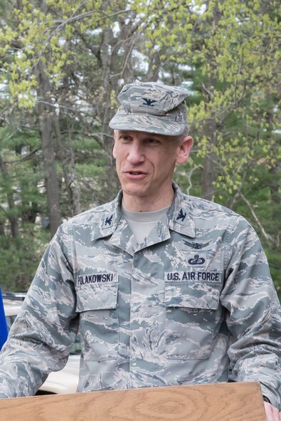 U.S. Air Force Col. Bill Polakowski, Command, Control, Communications and Intelligence Infrastructure Division senior materiel leader, speaks on the importance of cyber security during a ribbon cutting ceremony at Hanscom Air Force Base, Mass., May 6, 2014. The ceremony marked the transfer of the Intranet Control Weapons System Gateway Integration Facility to base from a local facility in Needham, Mass. (U.S. Air Force photo by Walter Santos) 