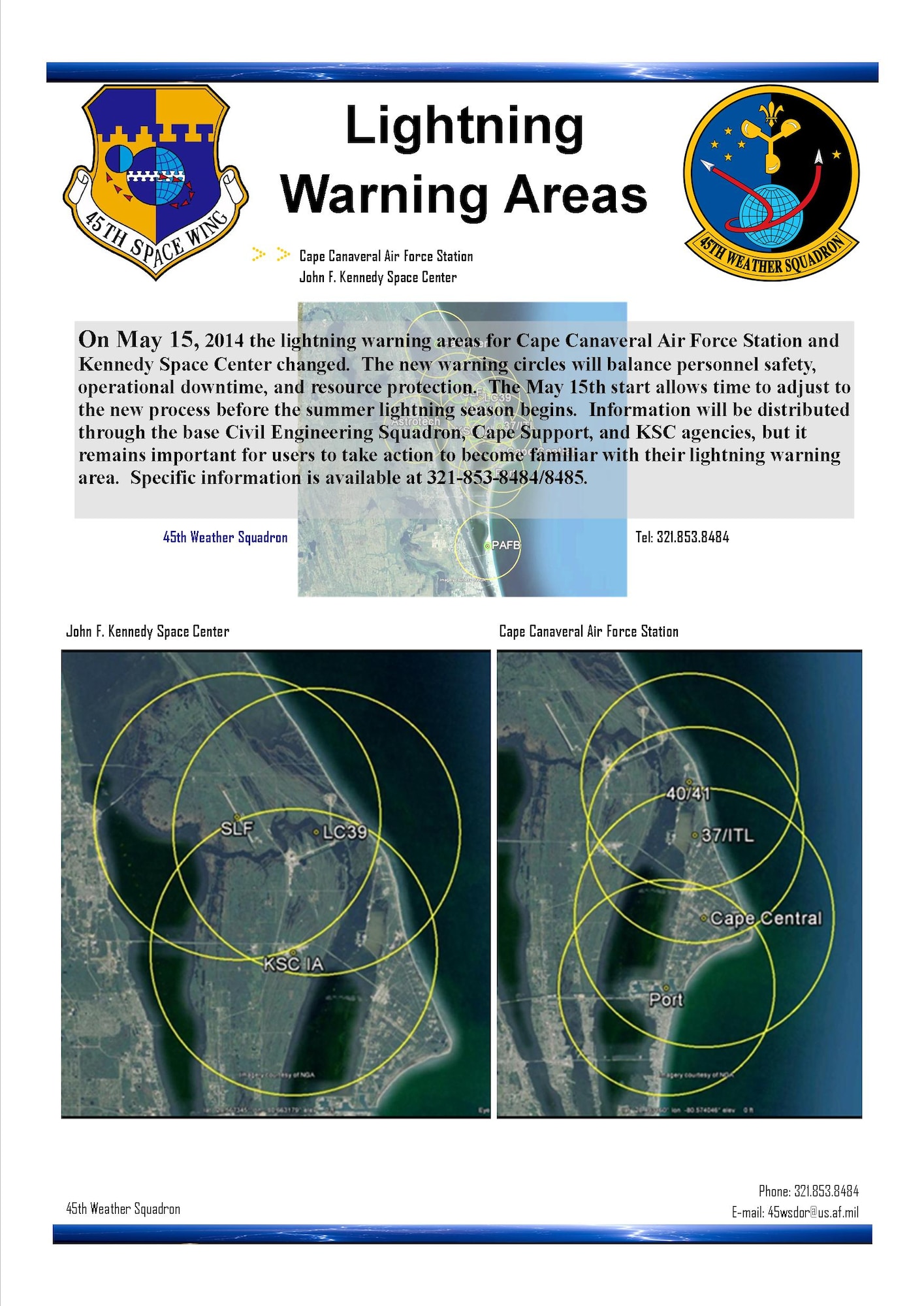 The 45th Space Wing is scheduled to roll out an innovative new lightning warning process May 15. The new lightning warning areas are shown in the photo illustration. (U.S. Air Force graphic illustration)  