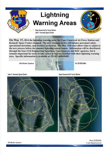 The 45th Space Wing is scheduled to roll out an innovative new lightning warning process May 15. The new lightning warning areas are shown in the photo illustration. (U.S. Air Force graphic illustration)  