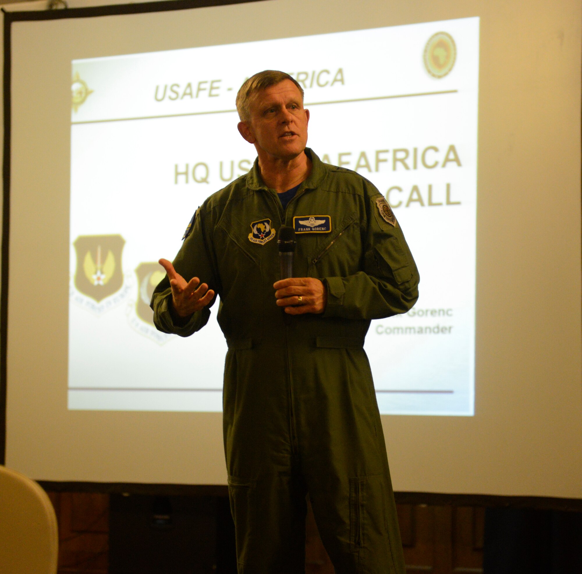 RAMSTEIN AIR BASE, Germany -- Gen. Frank Gorenc, U.S. Air Forces in Europe and Air Forces Africa commander, shares his vision for the command during a commander's call at the Ramstein Officer's Club here May 9, 2014. During the meeting, Gorenc said he appreciates everything USAFE-AFAFRICA Airmen do to ensure the mission is accomplished. He also challenged all in attendance to nurture and develop the command's Airmen to meet future challenges.  (U.S. Air Force photo by Tech. Sgt. James Hodgman)