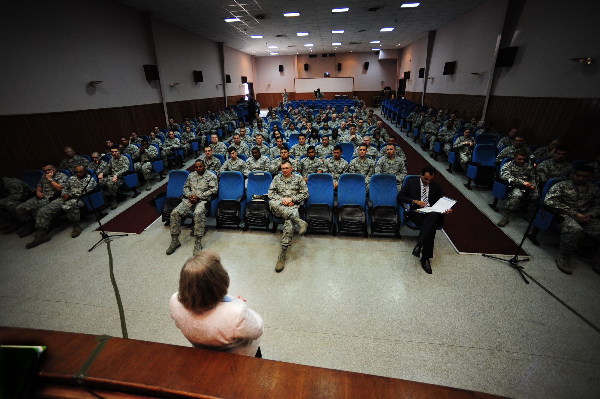 Holly Petraeus, head of the Office of Servicemember Affairs at the Consumer Financial Protection Bureau, offers financial guidance to Airmen at a town hall meeting May 13, 2014, Incirlik Air Base, Turkey.  Petraeus along with other members of the CFPB work to protect service members from financial scams which target their guaranteed income. (U.S. Air Force photo by Senior Airman Nicole Sikorski/Released) 