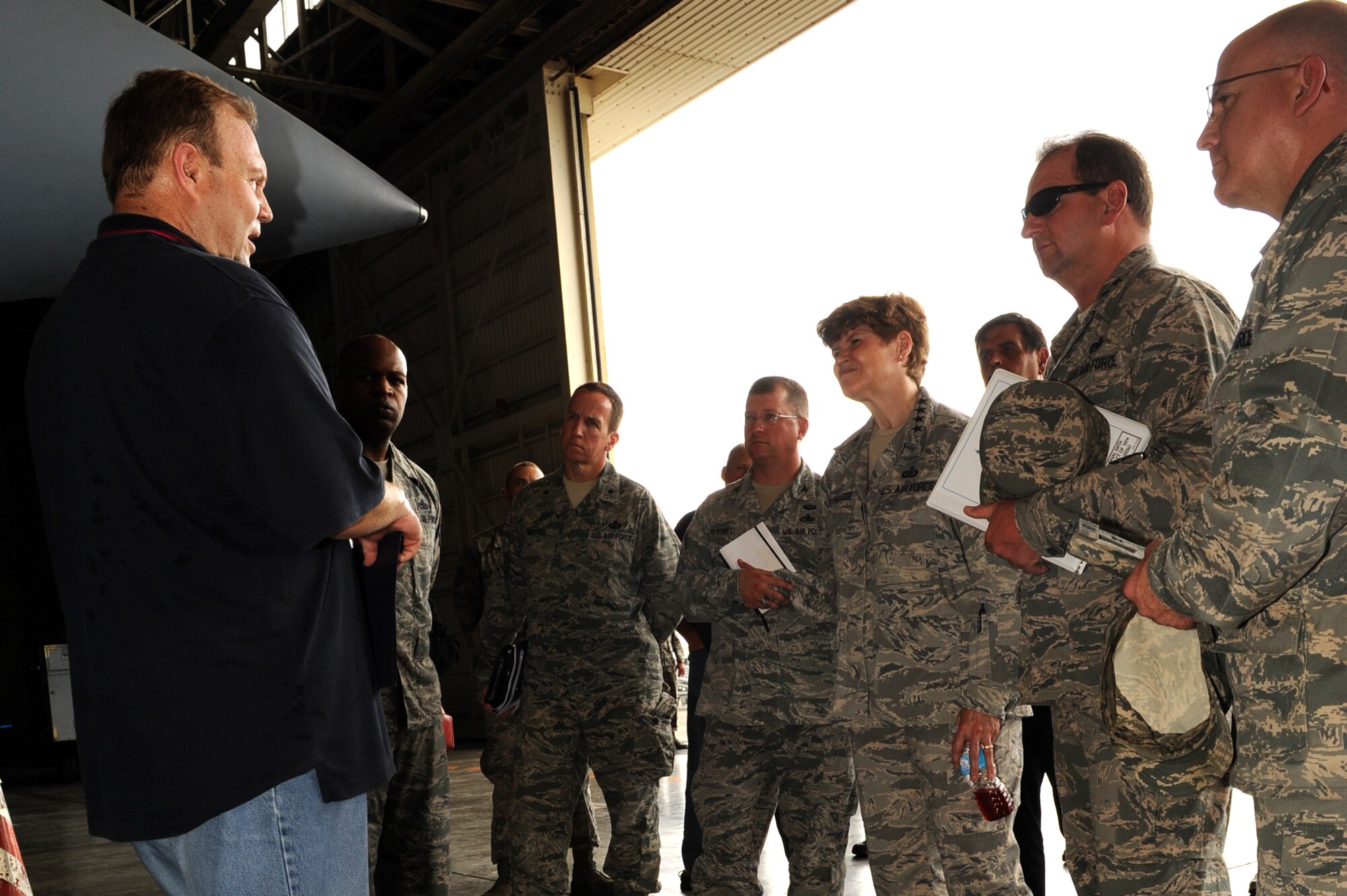 U.S. Air Force Gen. Janet C. Wolfenbarger, commander of Air Force Materiel Command, discusses current and potential future sustainment concerns regarding Kadena’s F-15 fleet with members of the 18th Maintenance Group on Kadena Air Base, Japan, May 12, 2014.  Wolfenbarger, the highest-ranking female Airman, visited several agencies on Kadena to learn about their missions and take their comments, suggestions and concerns back to the command where they will be taken into consideration when future plans are made. (U.S. Air Force photo by Airman 1st Class Zade C. Vadnais)