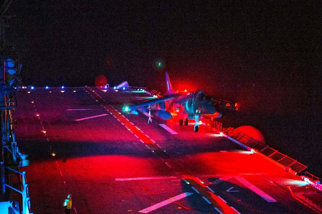 An A/V-8B Harrier lands on the flight deck of the amphibious assault ship USS Boxer in the Pacific Ocean, June 12, 2013. The Boxer is conducting pre-deployment training during Dawn Blitz, a scenario-driven exercise led by U.S. 3rd Fleet and 1st Marine Expeditionary Force, to test participants in the planning and execution of amphibious operations.  
