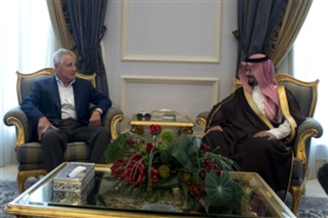 U.S. Defense Secretary Chuck Hagel, right, meets with Saudi Vice Defense Minister Prince Salman bin Sultan in Jeddah, Saudi Arabia, May 13, 2014.  The two leaders discussed regional threats and challenges, and the importance of maintaining close cooperation on these and other issues in the region. Hagel is on a weeklong trip to the Middle East to visit counterparts in Saudi Arabia, Jordan and Israel.