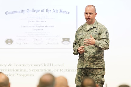 Chief Master Sgt. James B. Hotaling, the command chief of the Air National Guard, addresses senior enlisted leaders during the annual Command Chief’s Huddle at Volk Field Combat Readiness Training Center, Wis., May 11, 2014. The Command Chief’s Huddle brought together more than 150 Command Chief Master Sergeants and other senior enlisted leaders from 89 Air National Guard wings and units, representing 54 states, territories and the District of Columbia to openly discuss a wide range of issues and challenges facing the ANG. 