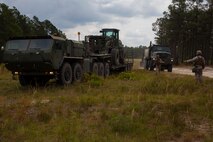 Marines attached to 2nd Maintenance Battalion, Combat Logistics Regiment 25, 2nd Marine Logistics Group stop to resupply Marines with 10th Marine Regiment, 2nd Marine Division at a logistics point set up during Rolling Thunder, a biannual training exercise at Fort Bragg, N.C., May 11, 2014. The battalion provided supply, maintenance and medical support for 10th Marines during the three-week exercise.