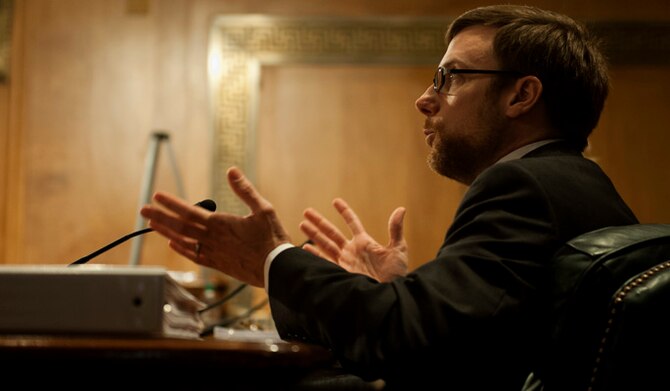 Jamie M. Morin answers questions regarding Air Force audit readiness during his testimony May 13, 2014, in front of the Homeland Security and Governmental Affairs Committee. He is the assistant secretary of the Air Force financial management and comptroller. (U.S. Air Force photo/Staff Sgt. Carlin Leslie)
