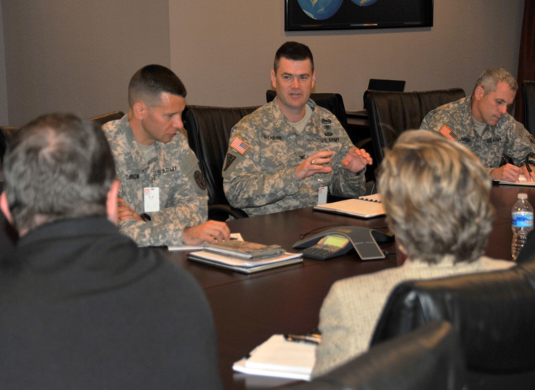 Col. Mike Brennan (center), U.S. Army Health Facility Planning Agency commander and G9 Facilities at Army Medical Command, speaks with Huntsville Center leadership during his May 13 visit.