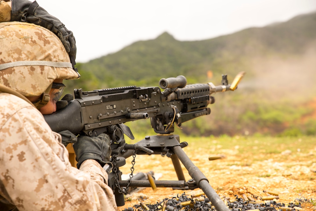 Cpl. Joseph Demonteverde fires an M240B medium machine gun May 8 in the Central Training Area during a quarterly Marine Corps common skills training evolution. The training was specifically designed for bulk fuel specialists. The Marines trained with M249 squad automatic weapons and M240B medium machine guns to provide security in a forward deployed environment. Demonteverde is a bulk fuel specialist with Bulk Fuel Headquarters Company, 9th Engineer Support Battalion, 3rd Marine Logistics Group, III Marine Expeditionary Force.