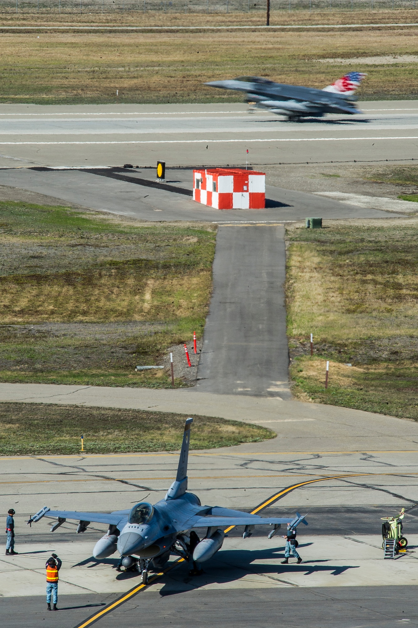 A Republic of Singapore Air Force F-16 Fighting Falcon assigned to the 425th Fighter Squadron, Luke Air Force Base, Ariz., taxis during RED-FLAG-Alaska 14-1 May 14, 2014, Eielson Air Force Base, Alaska. Eielson hosted RF-A with air combat units from the U.S. Air Force, Navy and Republic of Singapore Air Force. (U.S. Air Force photo by Senior Airman Joshua Turner/Released)