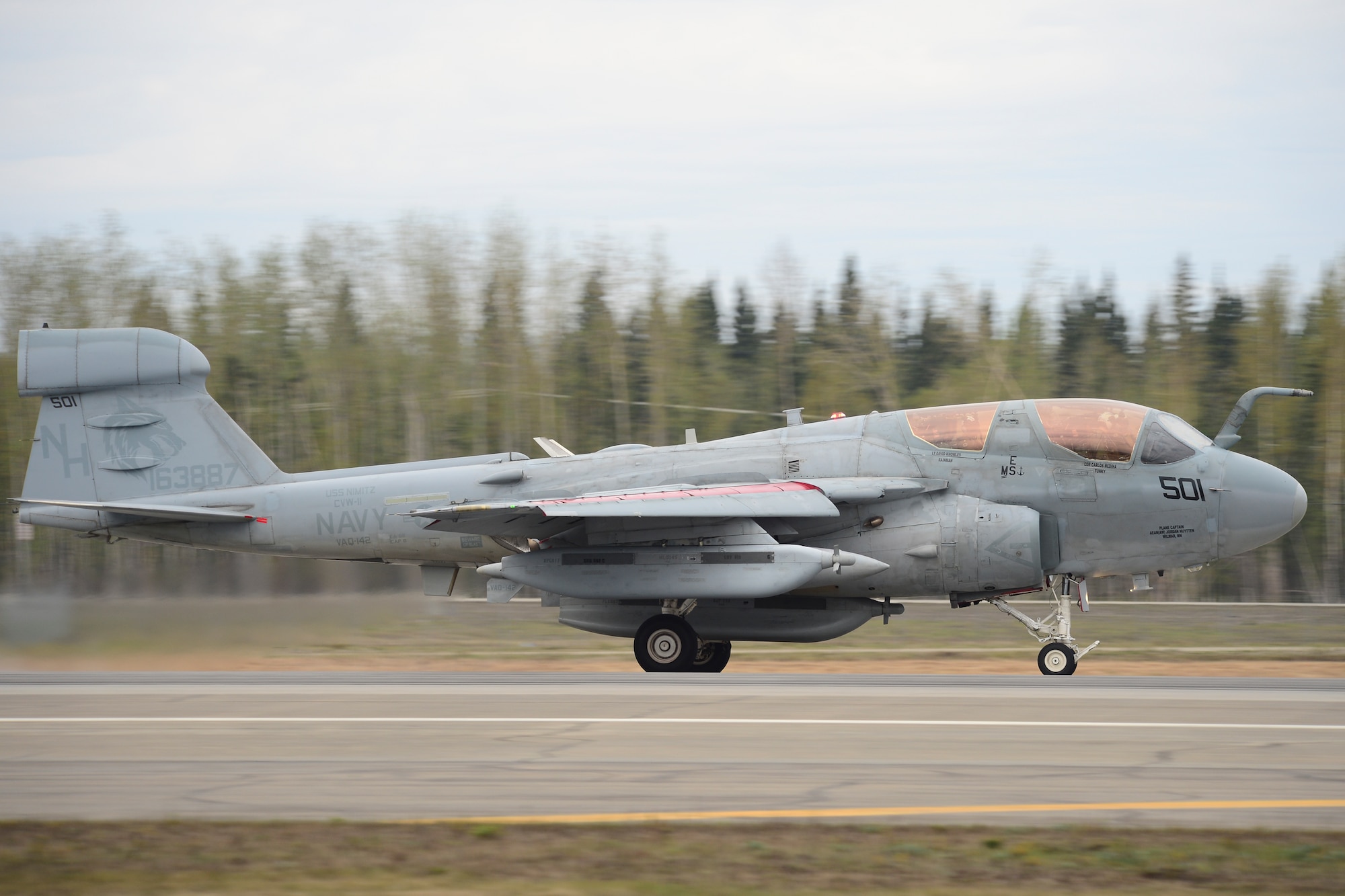 A U.S. Navy EA-6B Prowler assigned to Electronic Attack Squadron 142, Naval Air Station Whidbey Island, Wash., takes off during RED FLAG-Alaska 14-1 May 13, 2014, Eielson Air Force Base, Alaska. The EA-6B is a fully integrated electronic warfare system combining long-range, all-weather capabilities with advanced electronic countermeasures. (U.S. Air Force photo by Senior Airman Peter Reft/Released)