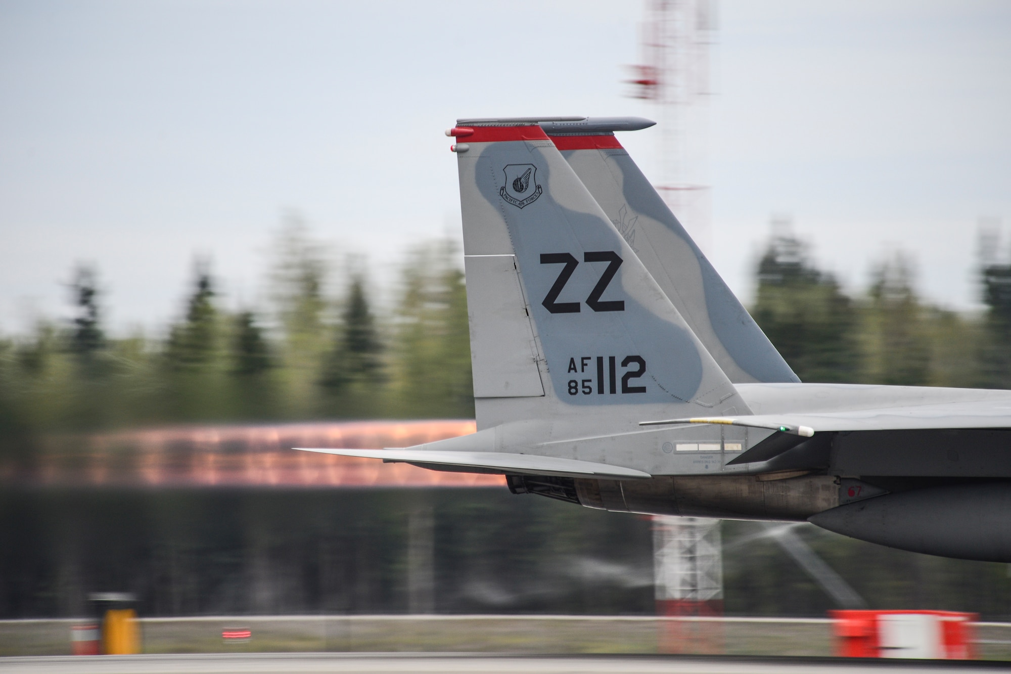 A U.S. Air Force F-15 Eagle assigned to the 67th Fighter Squadron, Kadena Air Base, Japan, takes off during RED FLAG-Alaska 14-1 May 13, 2014, Eielson Air Force Base, Alaska. Two Pratt & Whitney F100-229 afterburning turbofans, each producing 29,000 pounds of thrust, can propel the F-15 to a top speed of 1,650 miles per hour. (U.S. Air Force photo by Senior Airman Peter Reft/Released)