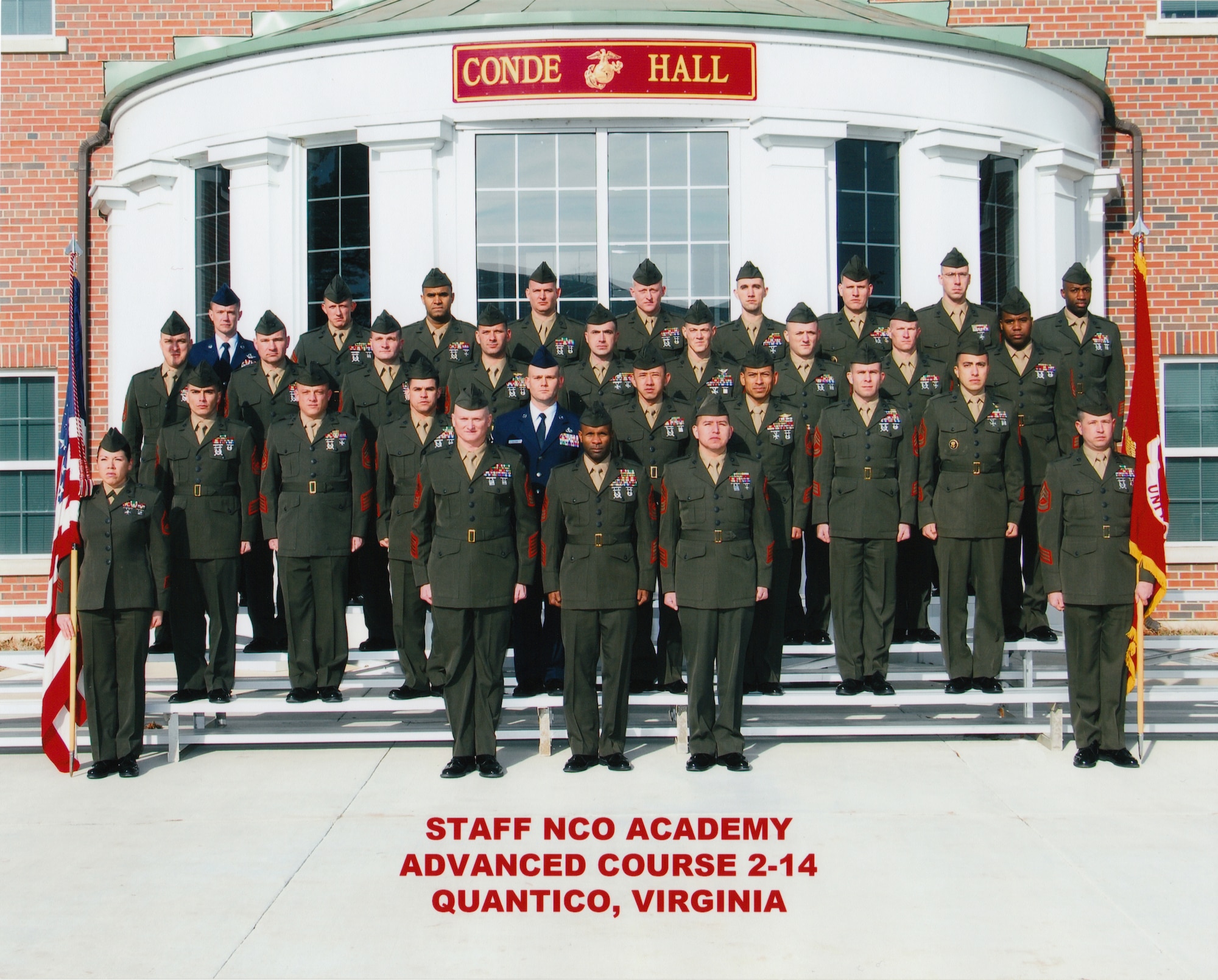 Master Sgt. Matthew Coltrin, 509th Medical Group first sergeant, attends the United States Marine Corps Staff Noncommissioned Officer Academy Advanced Course in Quantico, Virginia in February. The Advanced Course teaches graduates how to advice subordinates in stress management, the performance evaluation system, financial planning and more. Coltrin earned the Academic Achievement Award and the prestigious Gung Ho award for leadership and motivation. (Courtesy Photo)