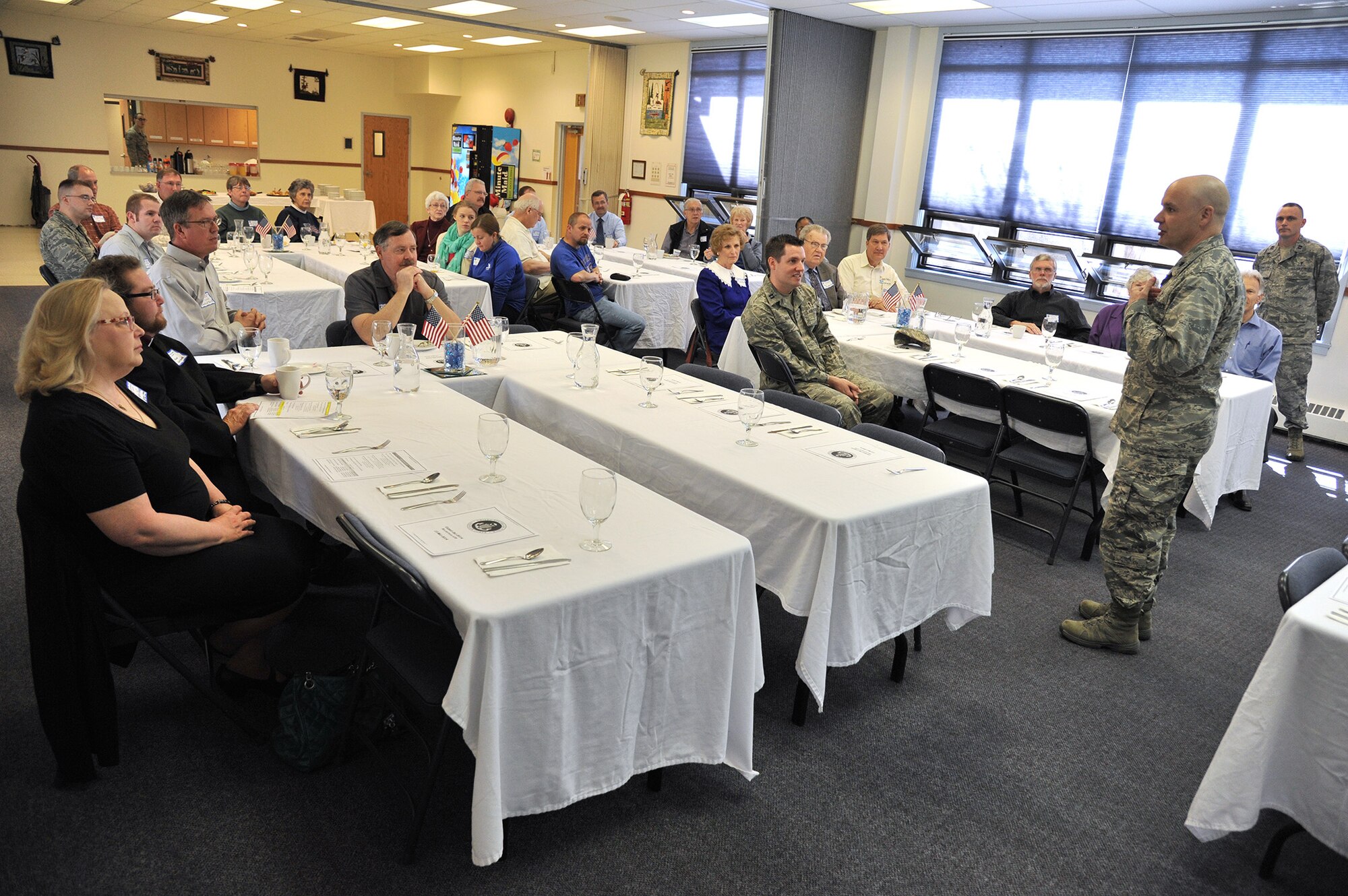Chaplain (Lt. Col.) Mark Roberts, 341st Missile Wing command chaplain, describes to local clergy the services the Malmstrom Air Force Base chapel provides to Airmen and their families. Approximately 25 religious leaders from the Great Falls, Mont., community attended Clergy Day May 13. (U.S. Air Force photo / John Turner)