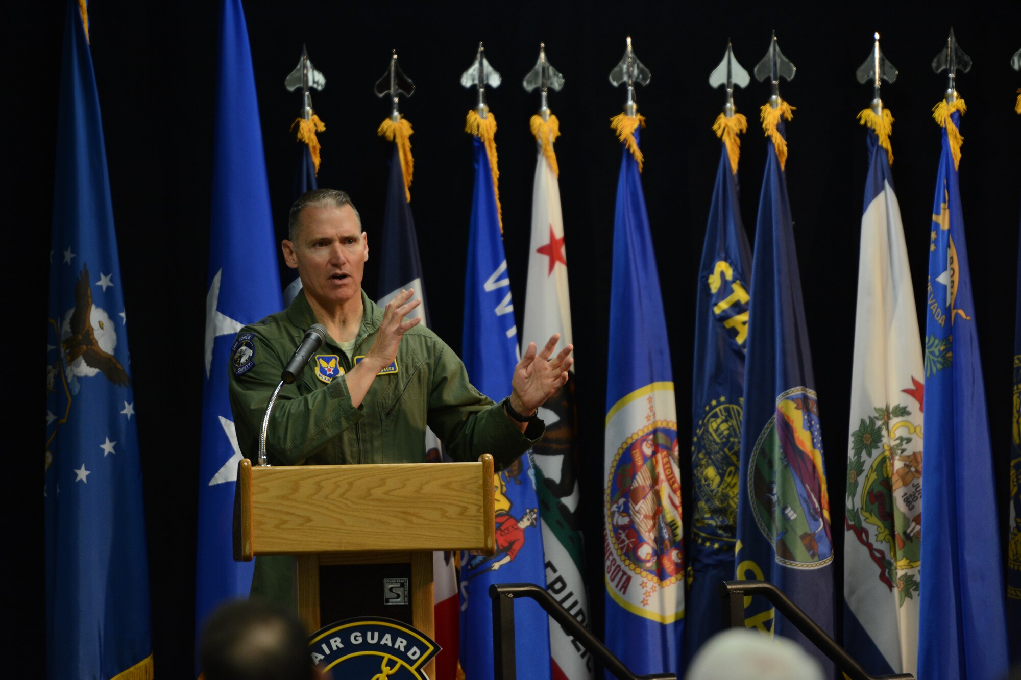 Maj. Gen. Kurt F. Neubauer, U.S. Air Force Chief of Safety and Air Force Safety Center commander, speaks to attendees of the 2014 Air National Guard Executive Safety Summit at Volk Field Air National Guard Base, Wis., May 13, 2014. The summit taught leaders about a variety of topics including social media, budget, fitness and readiness. (Air National Guard photo by Senior Airman Andrea F. Liechti)