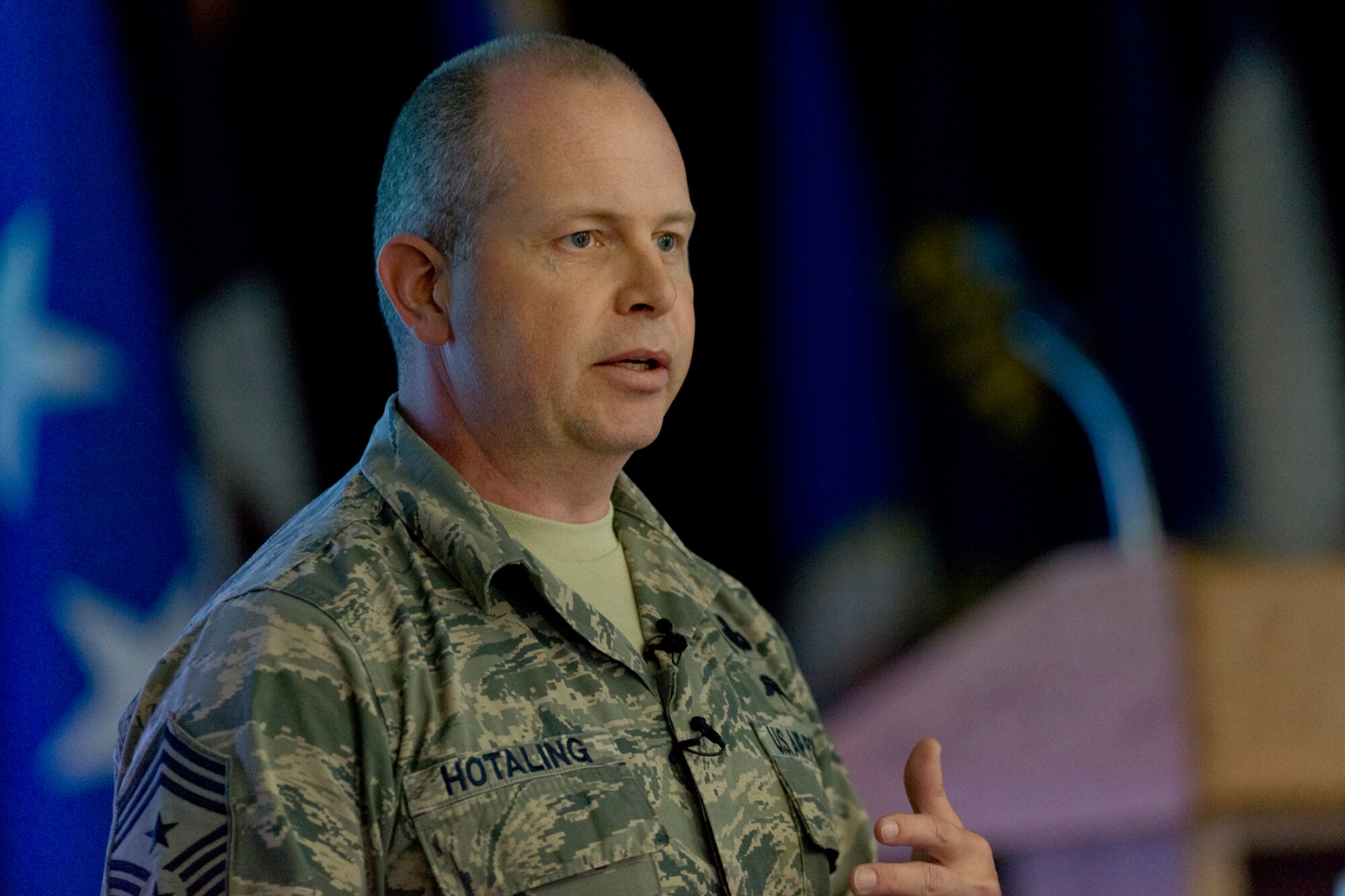 Chief Master Sgt. James W. Hotaling, the command chief of the Air National Guard, addresses senior ANG leaders during the annual Executive Safety Summitaddress to the senior leaders during the 2014 Executive Safety Summit at Volk Field Combat Readiness Training Center, Wis., May 14, 2014. This year’s conference theme: “Leaders: Don’t Let Your Guard Down”, covers a wide range of topics including safety, resilience, diversity and mishap prevention. (U.S. Air National Guard Photo by Master Sgt. Marvin Preston/ Released)