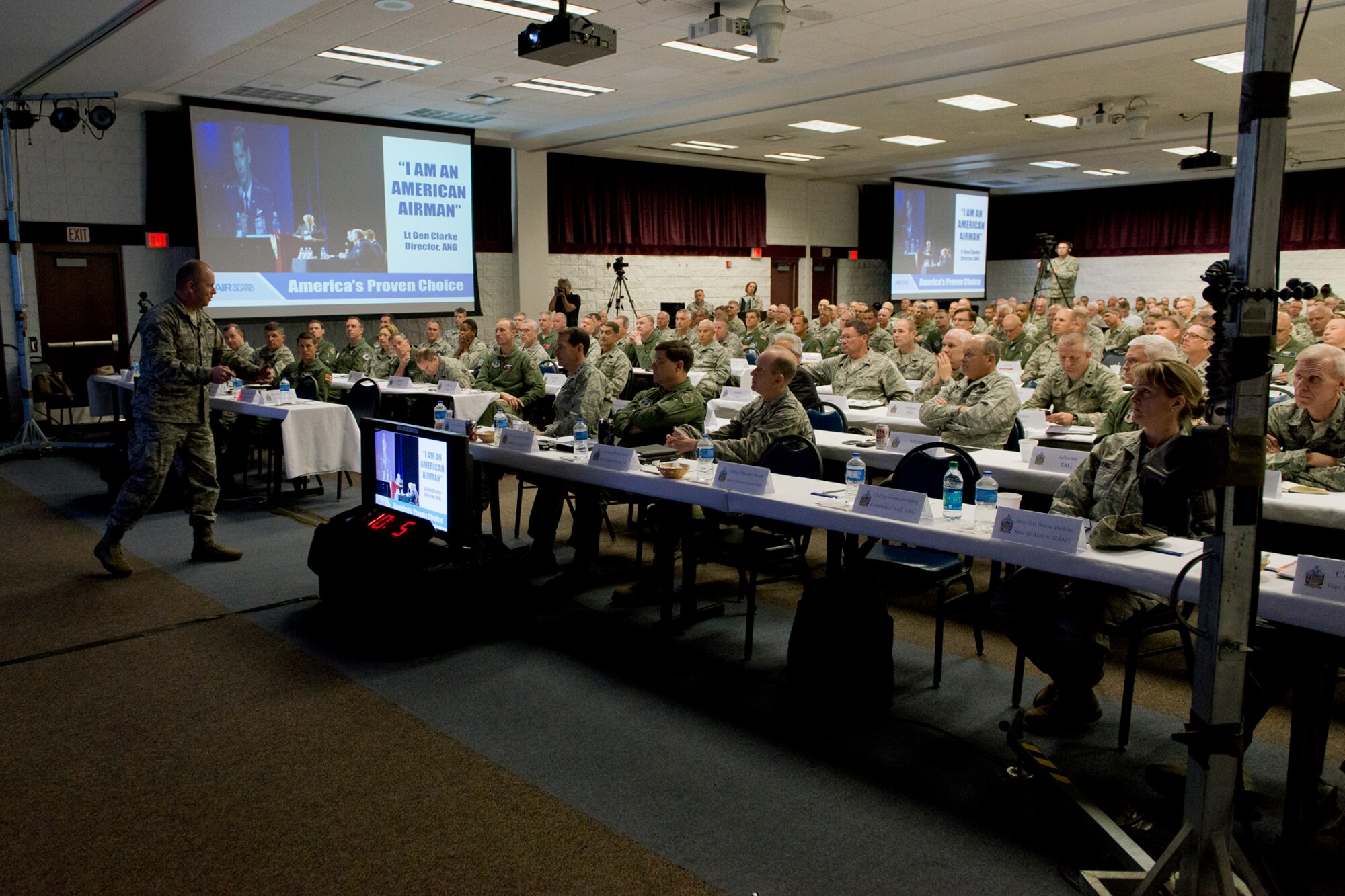 Chief Master Sgt. James W. Hotaling, the command chief of the Air National Guard, addresses senior enlisted leaders during the annual Executive Safety Summitaddress to the senior leaders during the 2014 Executive Safety Summit at Volk Field Combat Readiness Training Center, Wis., May 14, 2014. This year’s conference theme: “Leaders: Don’t Let Your Guard Down”, covers a wide range of topics including safety, resilience, diversity and mishap prevention. (U.S. Air National Guard Photo by Master Sgt. Marvin Preston/ Released)