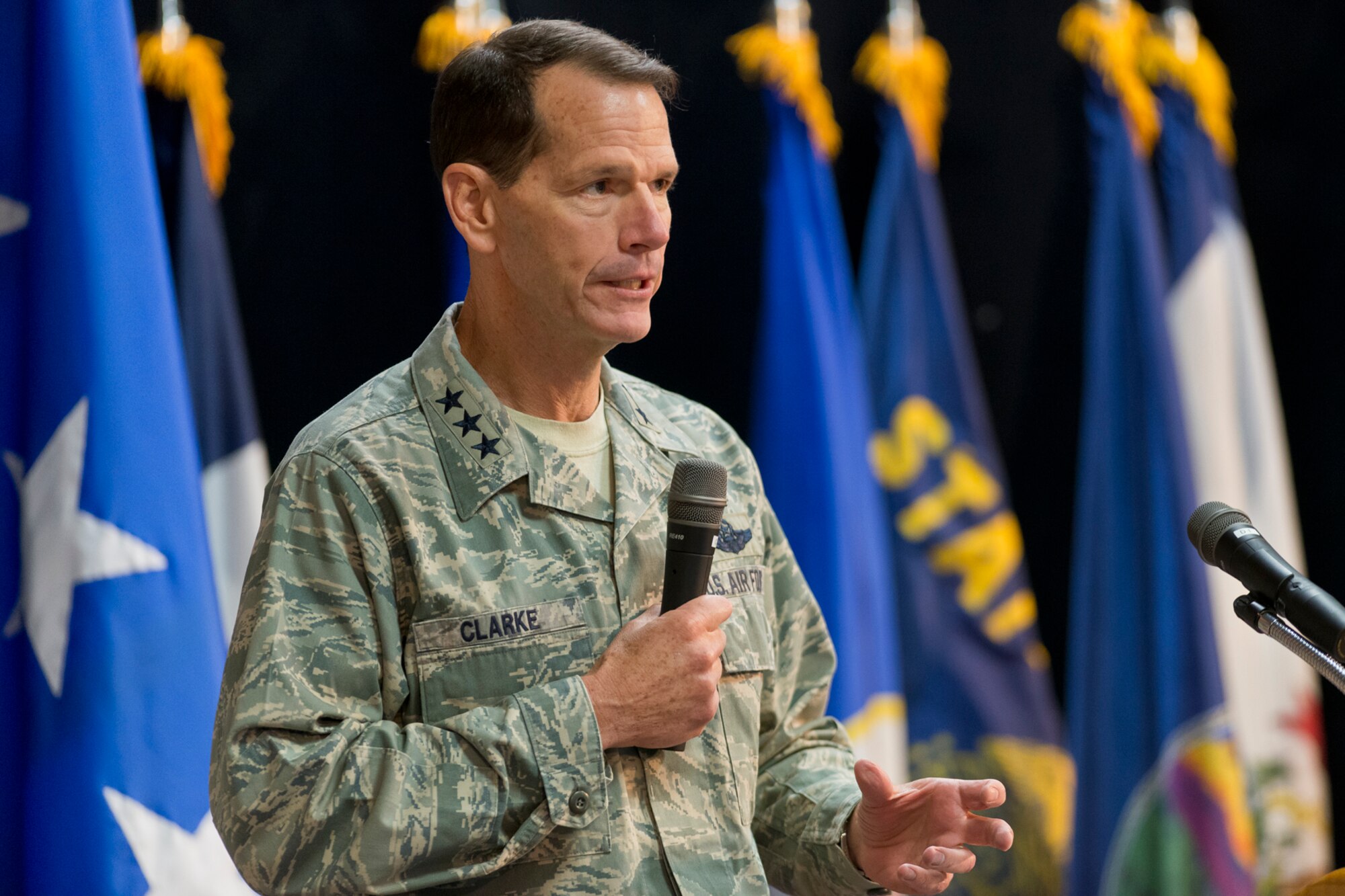 Lt. Gen. Stanley E. Clarke III, the director of the Air National Guard delivers his welcome remarks to senior leaders during the 2014 Executive Safety Summit at Volk Field Combat Readiness Training Center, Wis., May 14, 2014. This year’s conference theme: “Leaders: Don’t Let Your Guard Down”, covers a wide range of topics including safety, resilience, diversity and mishap prevention. (U.S. Air National Guard Photo by Master Sgt. Marvin Preston/ Released)