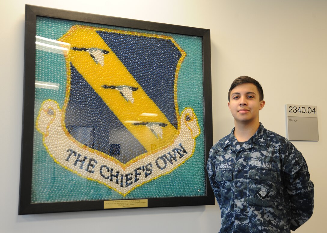 Hospital Corpsman 3rd Class Patricio Mendoza, Naval Air Facility Washington Reserve Health Hospital corpsman clerk, was recognized as this week’s Warrior of the Week, May 14, 2014 at Joint Base Andrews-NAF Washington, Md. (U. S. Air Force photo/Airman 1st Class Joshua R. M. Dewberry)