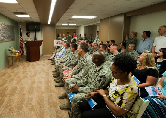 Col. Kristen Benford, 99th Inpatient Operations Squadron commander, welcomes visitors to the unveiling of the new Labor and Delivery ward in the Mike O’Callaghan Federal Medical Center May 12, 2014 at Nellis Air Force Base, Nev. The planning for the project began in October 2012 with construction beginning in September of 2013. The upgrades were implemented after patient’s feedback indicated a need for more room and an up-to-date décor. (U.S. Air Force photo by Senior Airman Timothy Young)