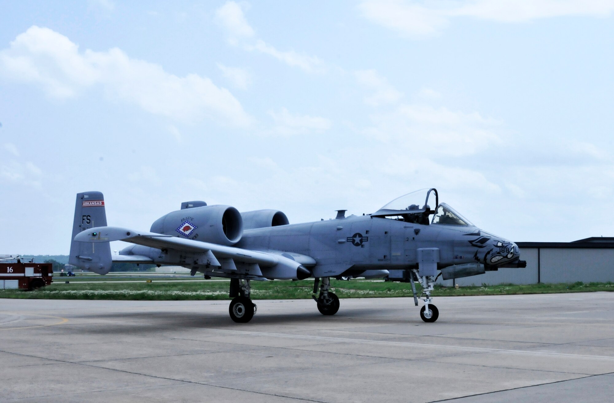Col. Mark W. Anderson, 188th Fighter Wing commander, taxies on the ramp following final training mission in an A-10C Thunderbolt II “Warthog”, at Ebbing Air National Guard Base, Fort Smith, Arkansas, May 12, 2014. The ceremonial "fini" flight was Anderson’s final sortie until he flies the last A-10 out of Ebbing ANG Base  June 7, 2014, following the wing’s conversion ceremony. The 188th will convert from a fighter mission to a remotely piloted aircraft (MQ-9 Reapers), targeting, intelligence, surveillance and reconnaissance mission (U.S. Air National Guard photo by Tech. Sgt. Josh Lewis/released)  